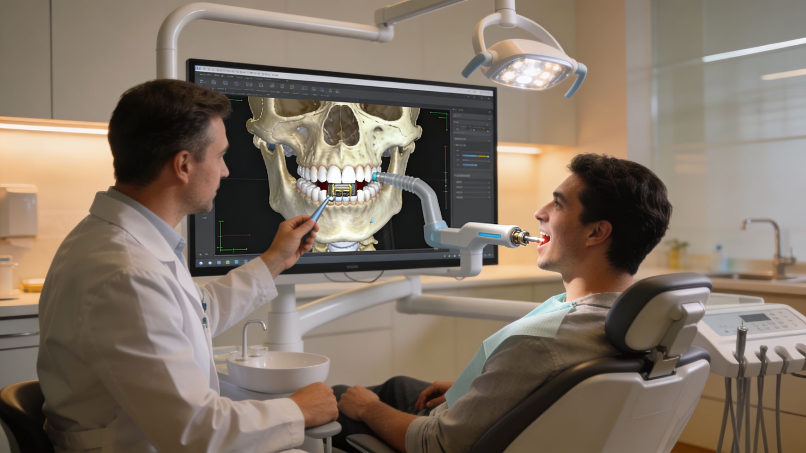 A dentist explains a digital 3D model of teeth to a patient during a consultation in an office.