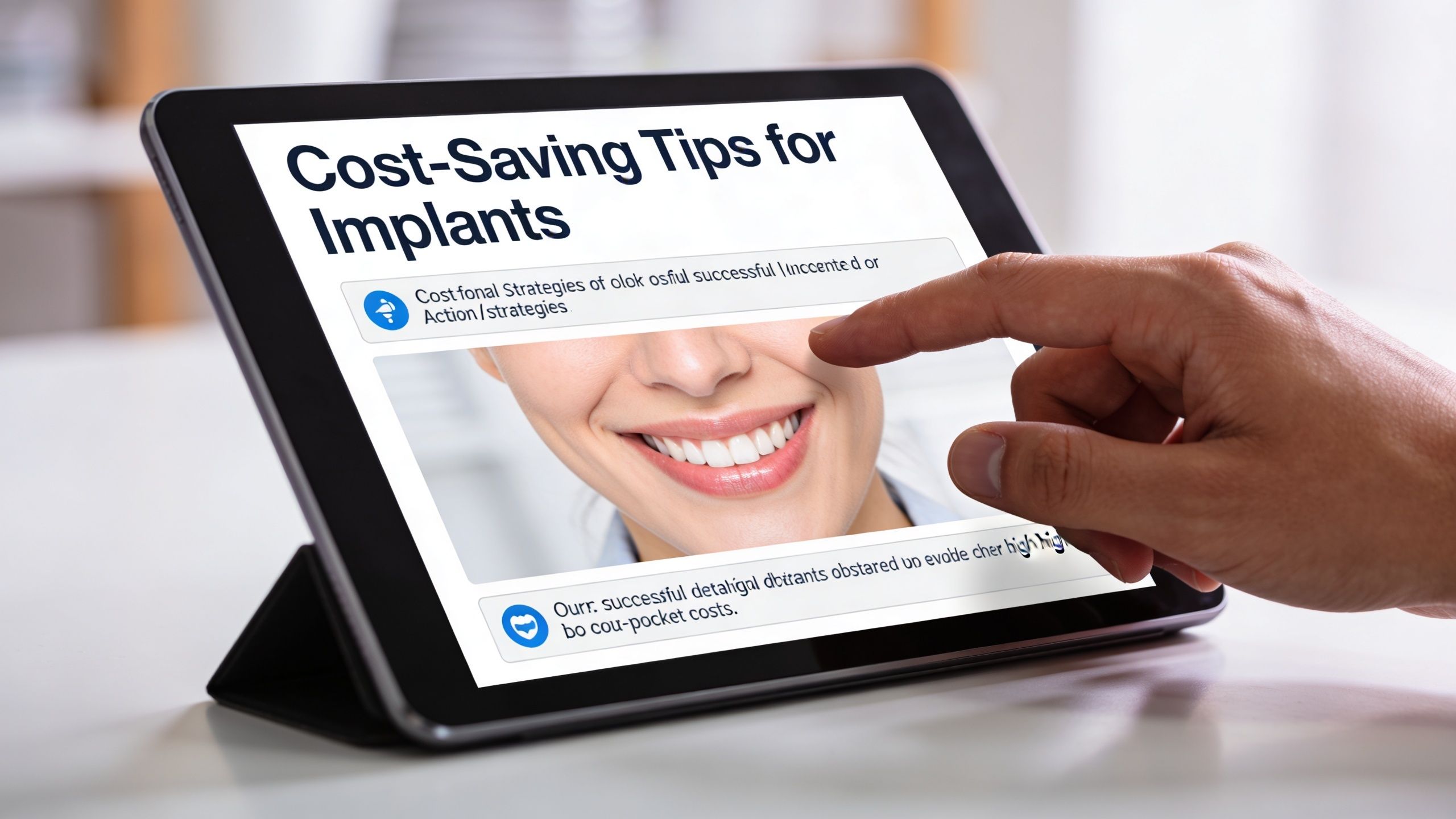 A hand using a tablet screen to read information about cost-saving tips for dental implants.