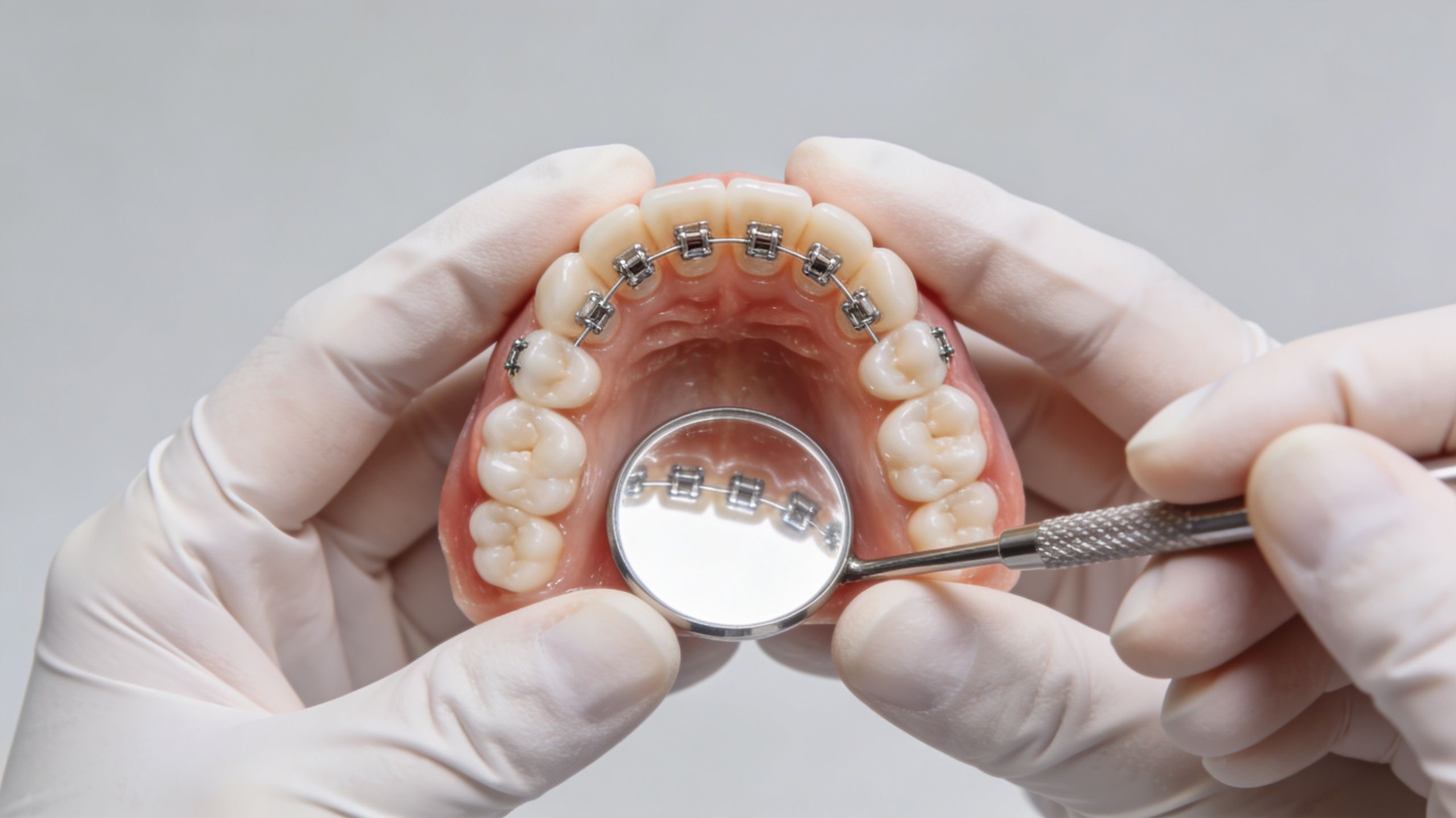 A dentist wearing gloves holds a dental model with braces and a mouth mirror for inspection.