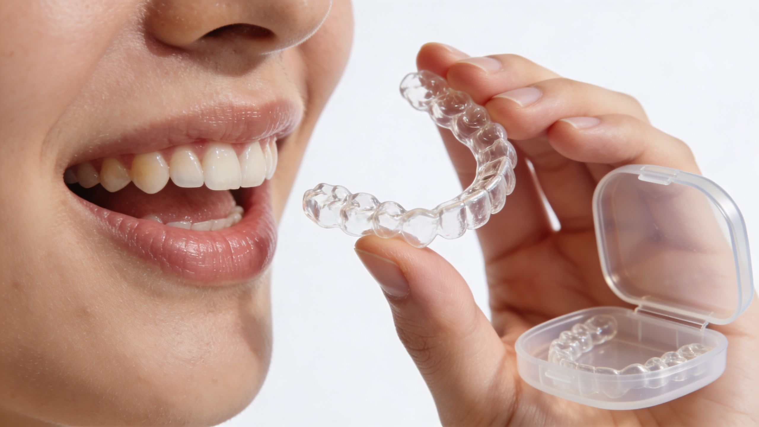 A person holding a clear plastic dental aligner tray near their mouth to show teeth straightening progress.