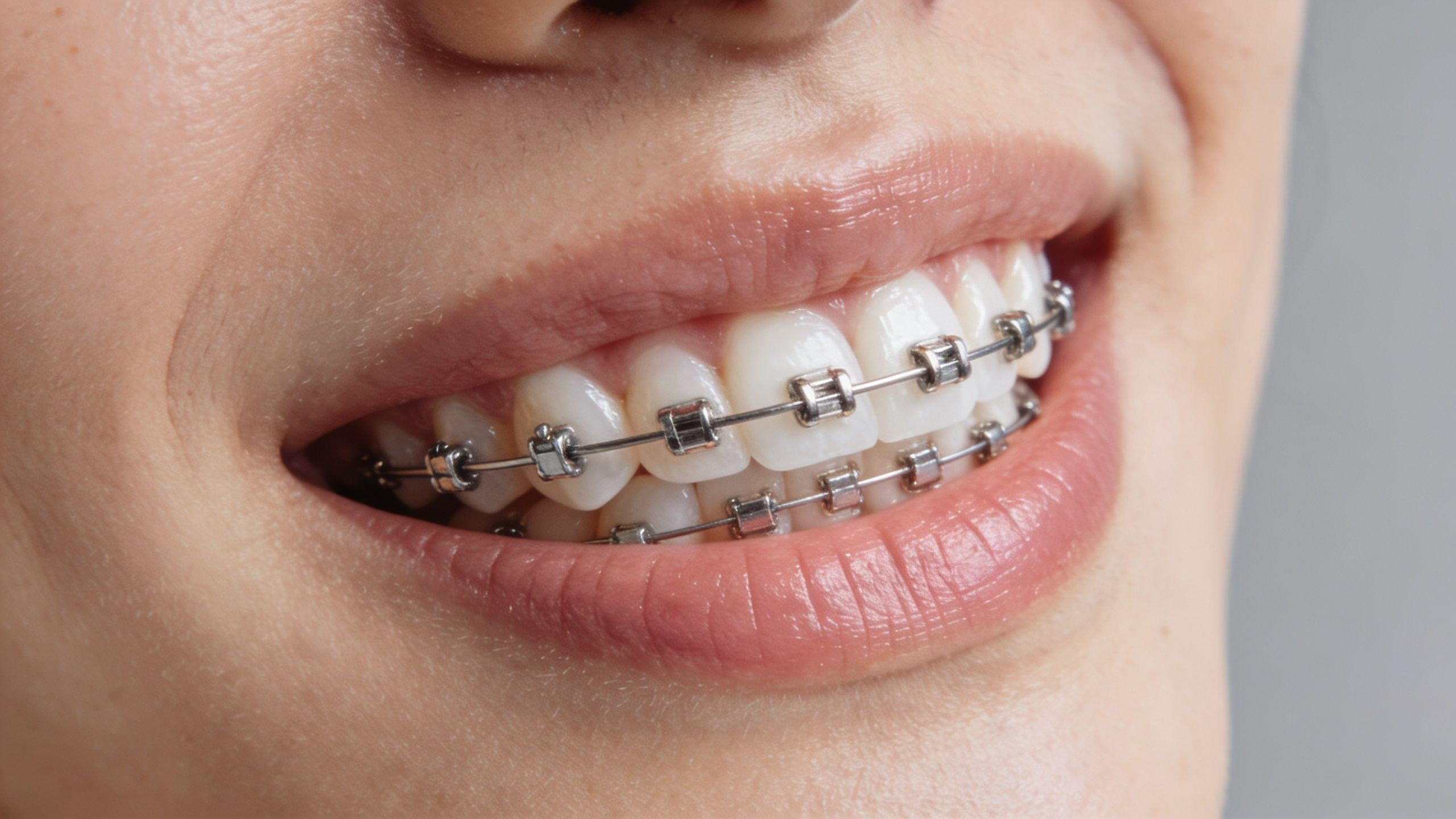 A close-up view of a person smiling, showing metal dental braces on their straight white teeth.