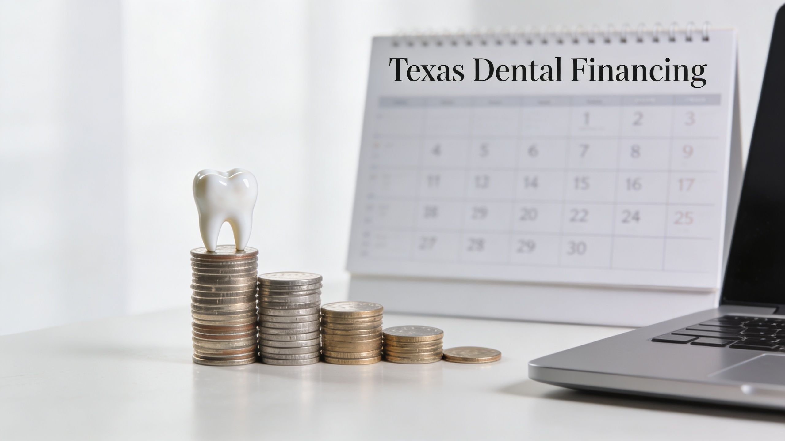 A small white tooth model sits on top of a stack of coins next to a desk calendar.