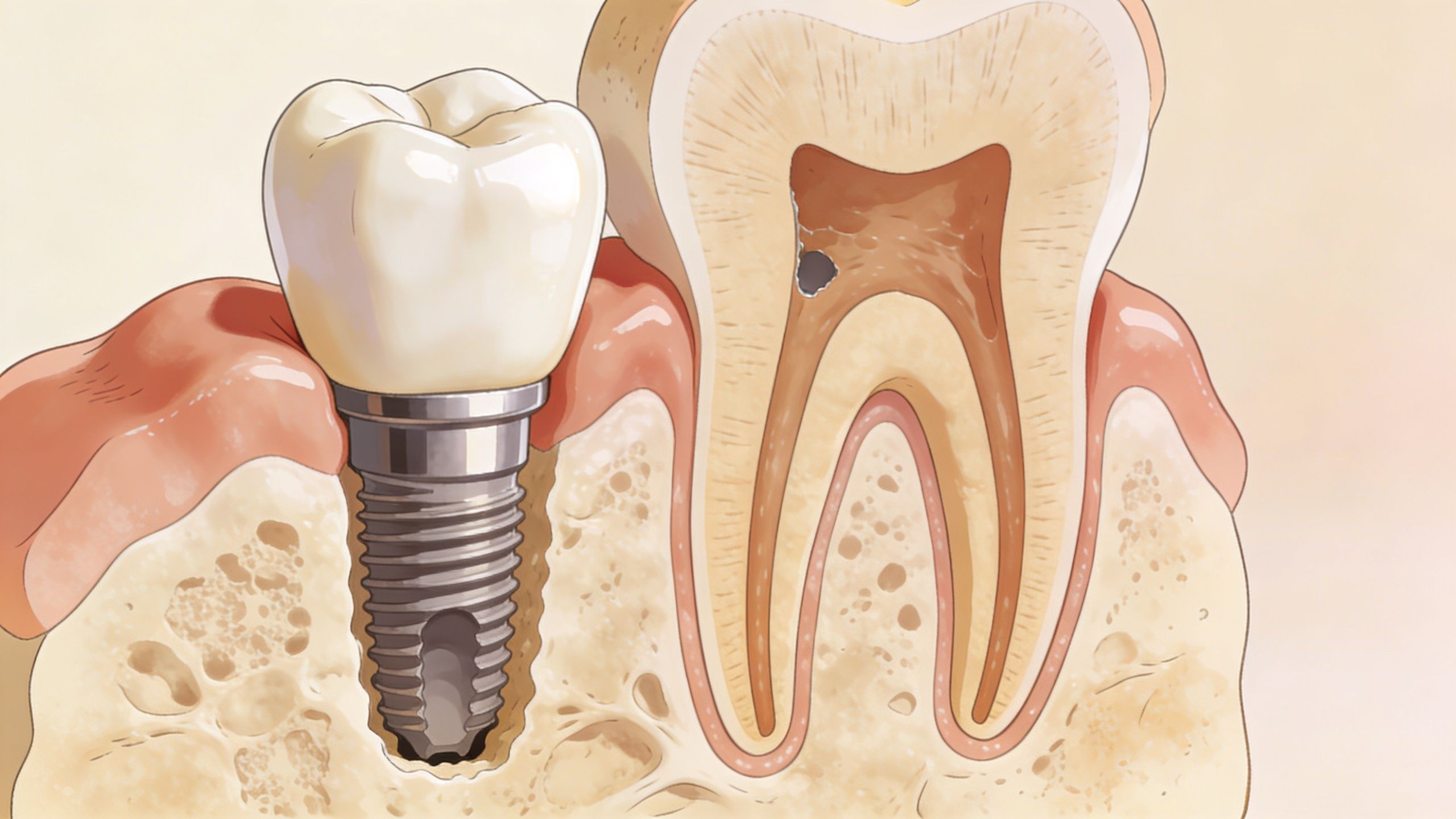 A cross-section illustration showing a dental implant next to a natural tooth with a cavity.