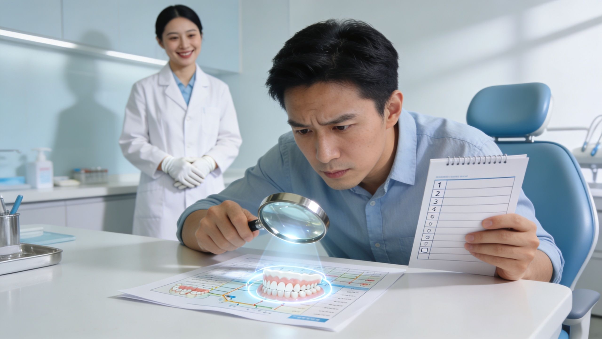 A male patient examining a holographic model of dental implants with a magnifying glass in a dental office.