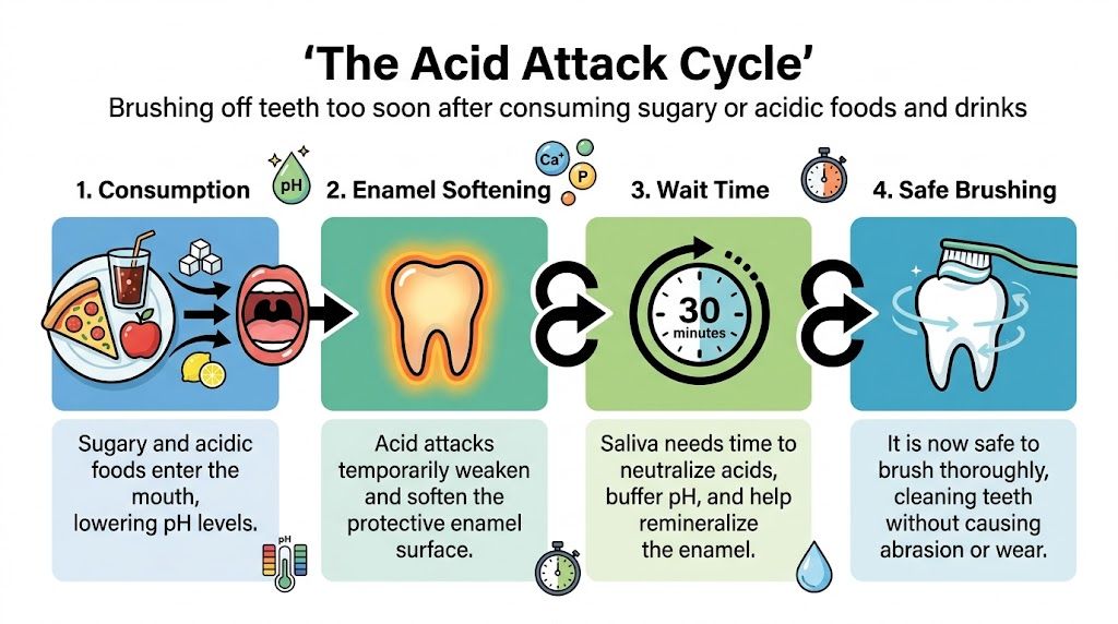 An infographic titled The Acid Attack Cycle explaining why you should wait thirty minutes before brushing teeth.