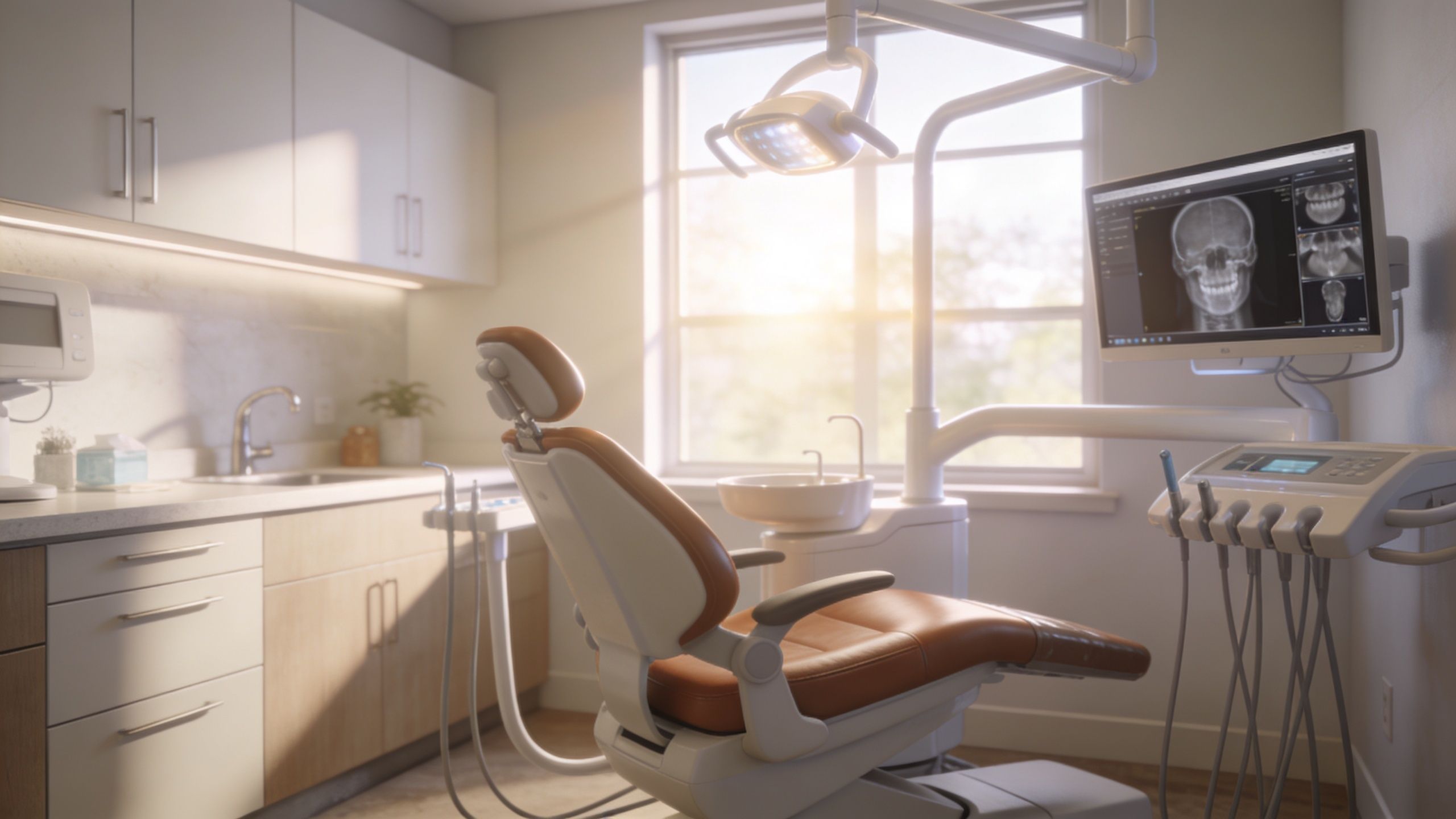 A clean, modern dental exam room with a chair, medical equipment, and a window with sunlight.