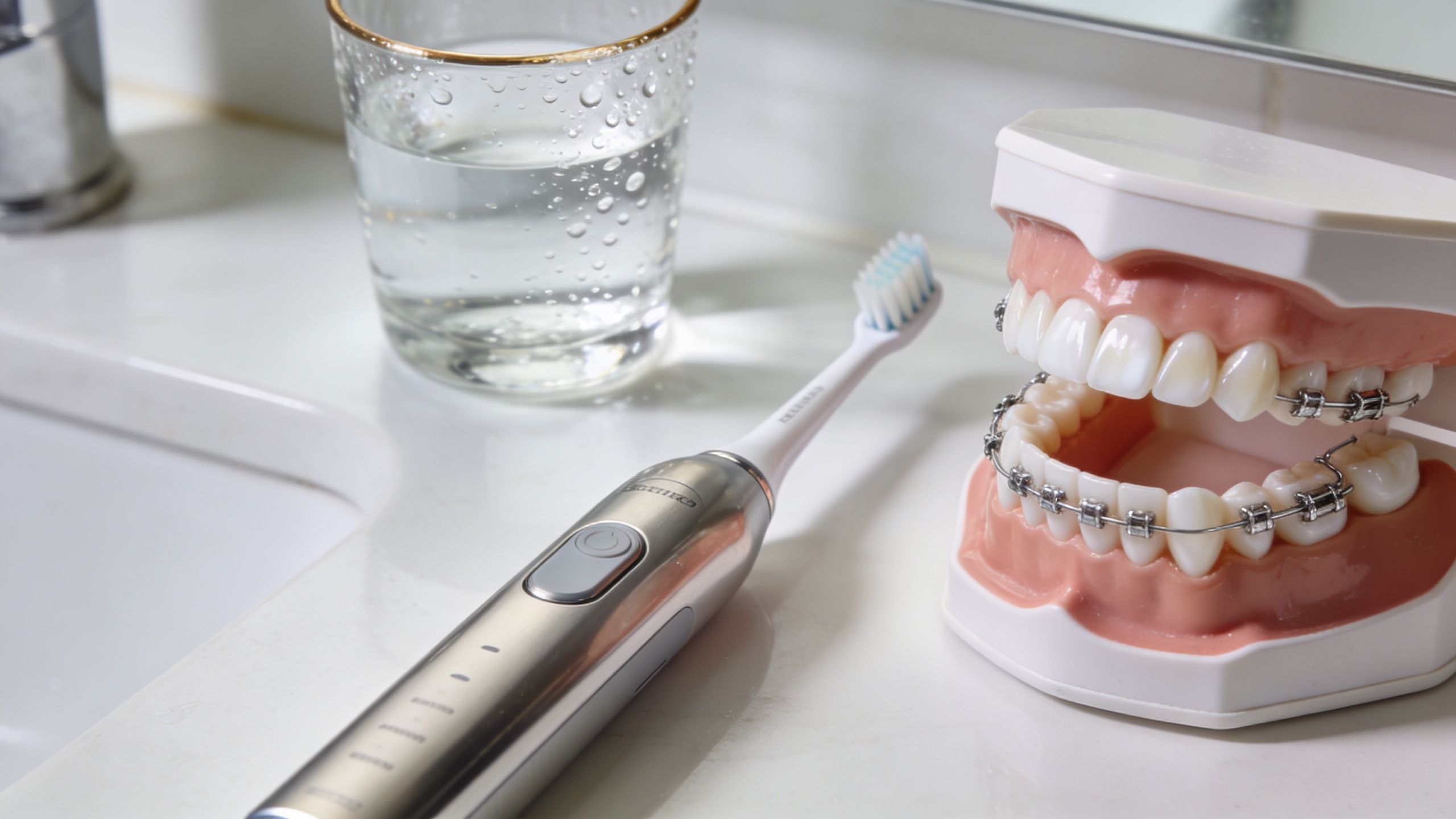 An electric toothbrush, a glass of water, and a dental model with braces sit on a counter.