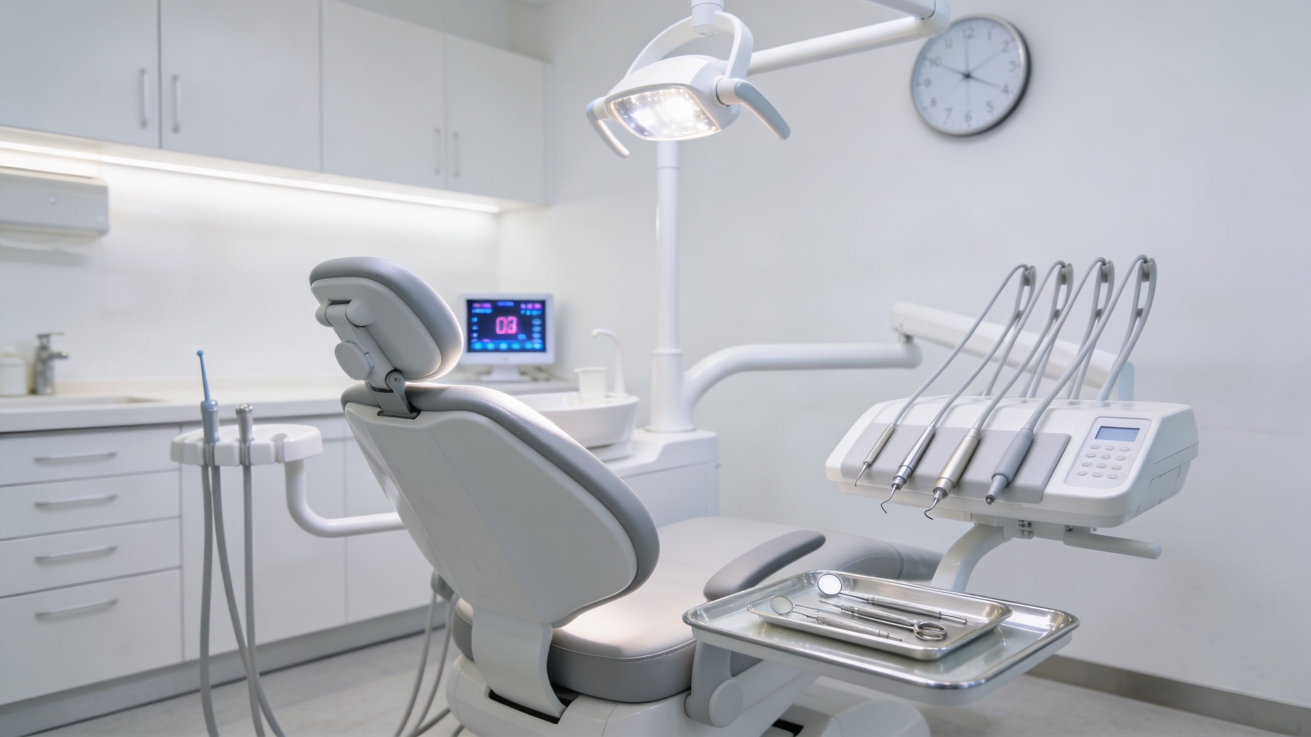 A clean and modern dental clinic office featuring a patient chair, tools, and professional dental equipment.