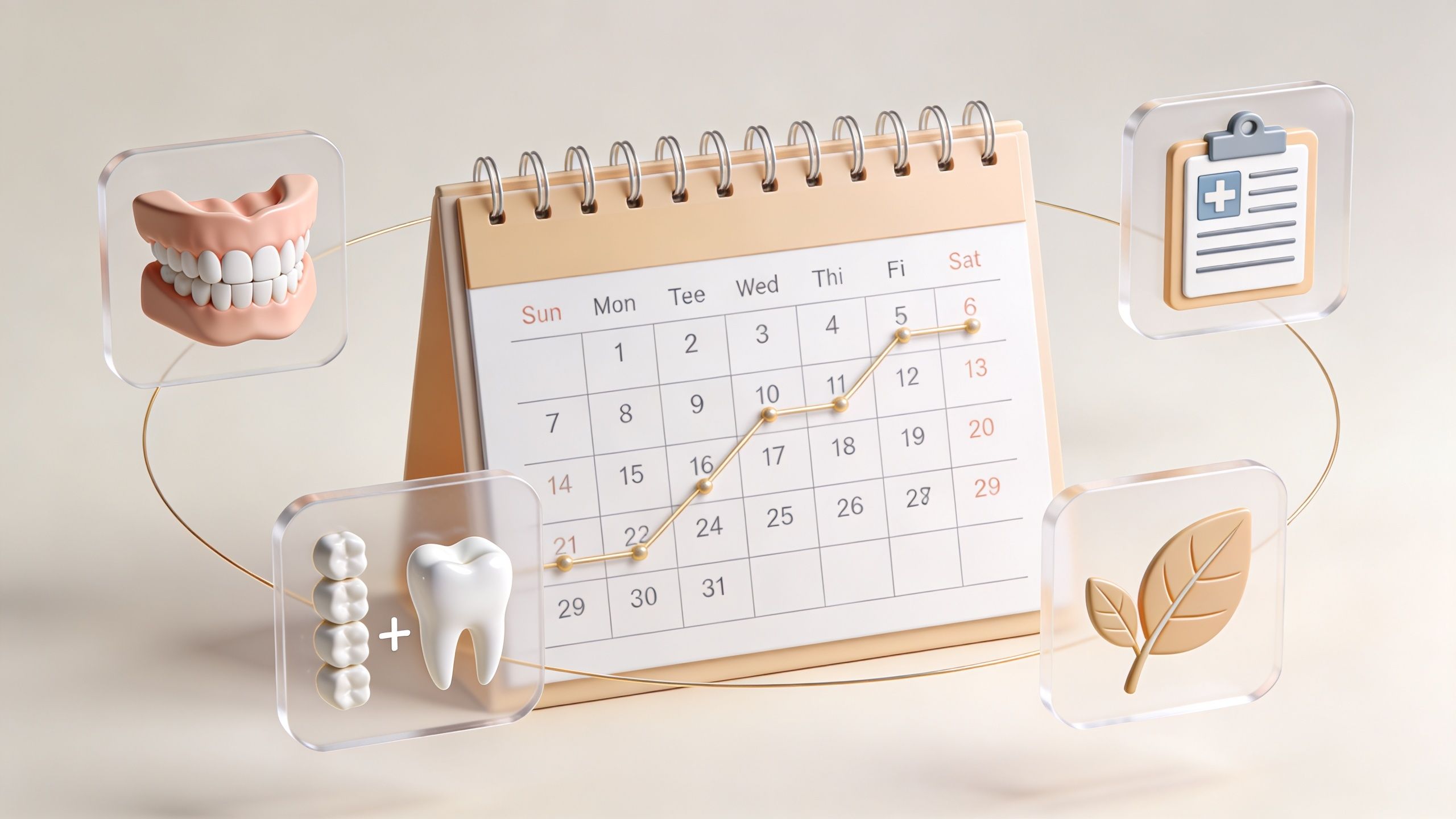 A 3D calendar representation with dental implant icons highlighting the timeline of a dental surgery procedure.