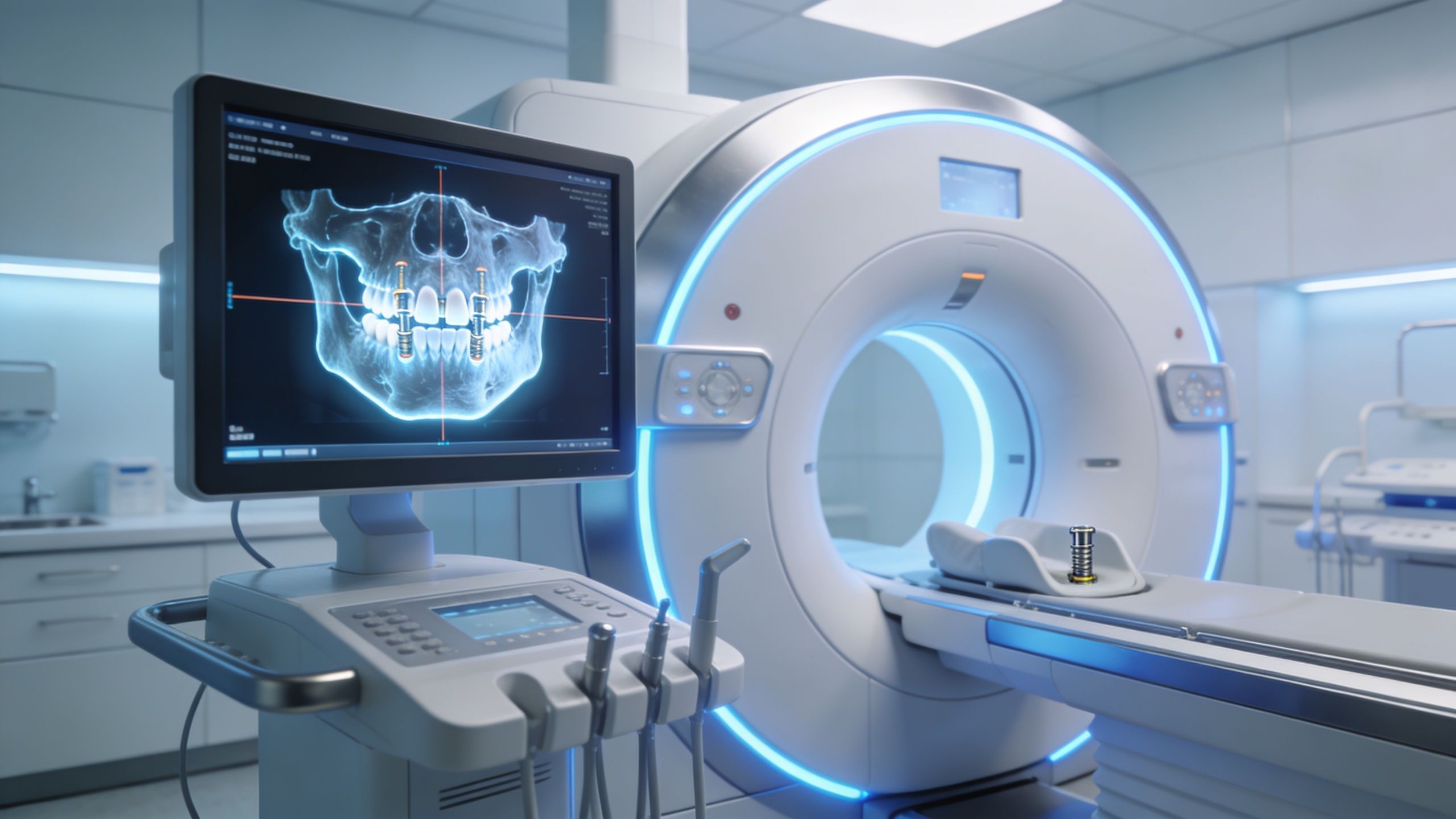 A modern dental clinic featuring a CT scanner and a monitor displaying a 3D dental implant scan.