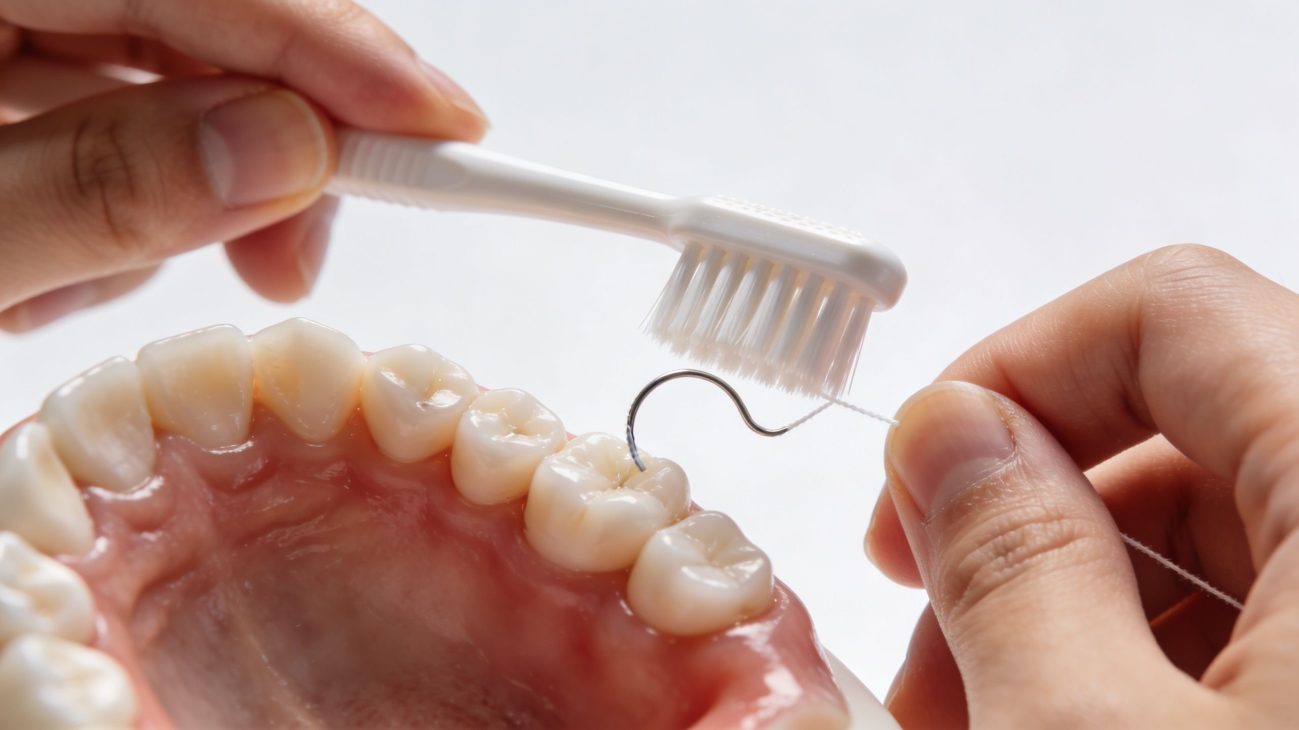 Close-up of a person using a dental tool and toothbrush to clean model teeth for dental hygiene.