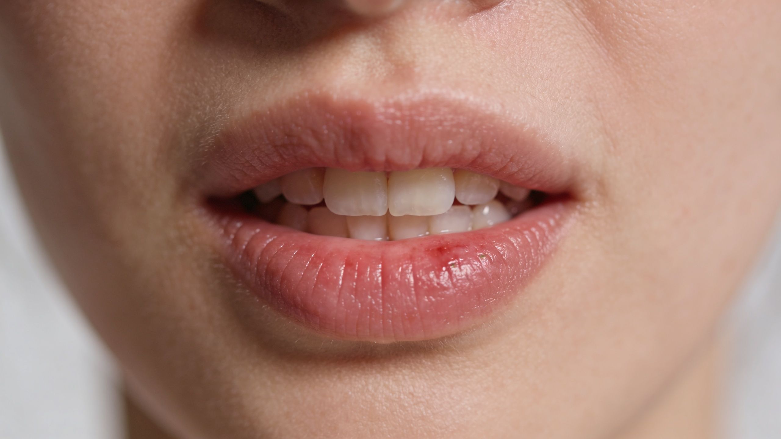 Close-up of a person's mouth with slightly chapped lips and healthy white teeth