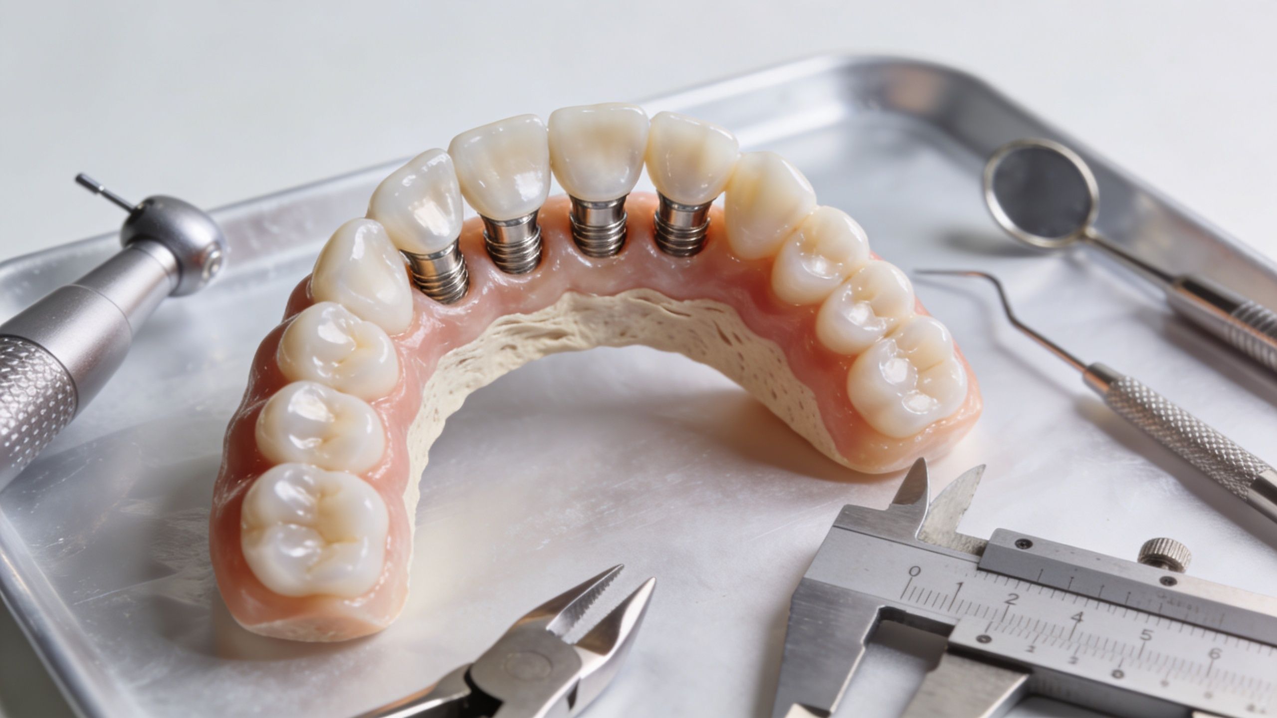 A complete set of dental implants on a metal tray with various professional dental instruments and tools.