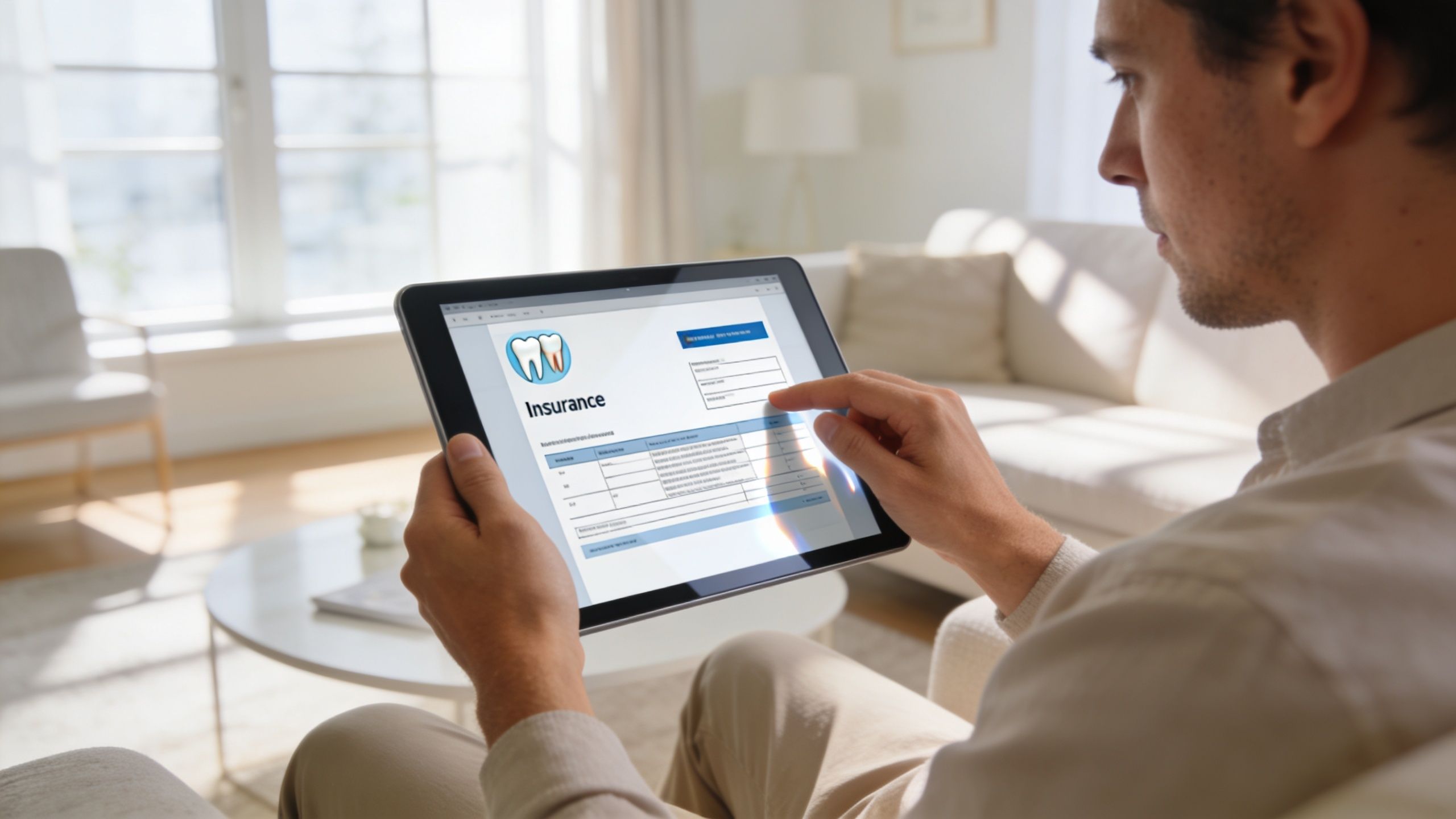 A man sitting on a couch while using a tablet to fill out a dental insurance form.