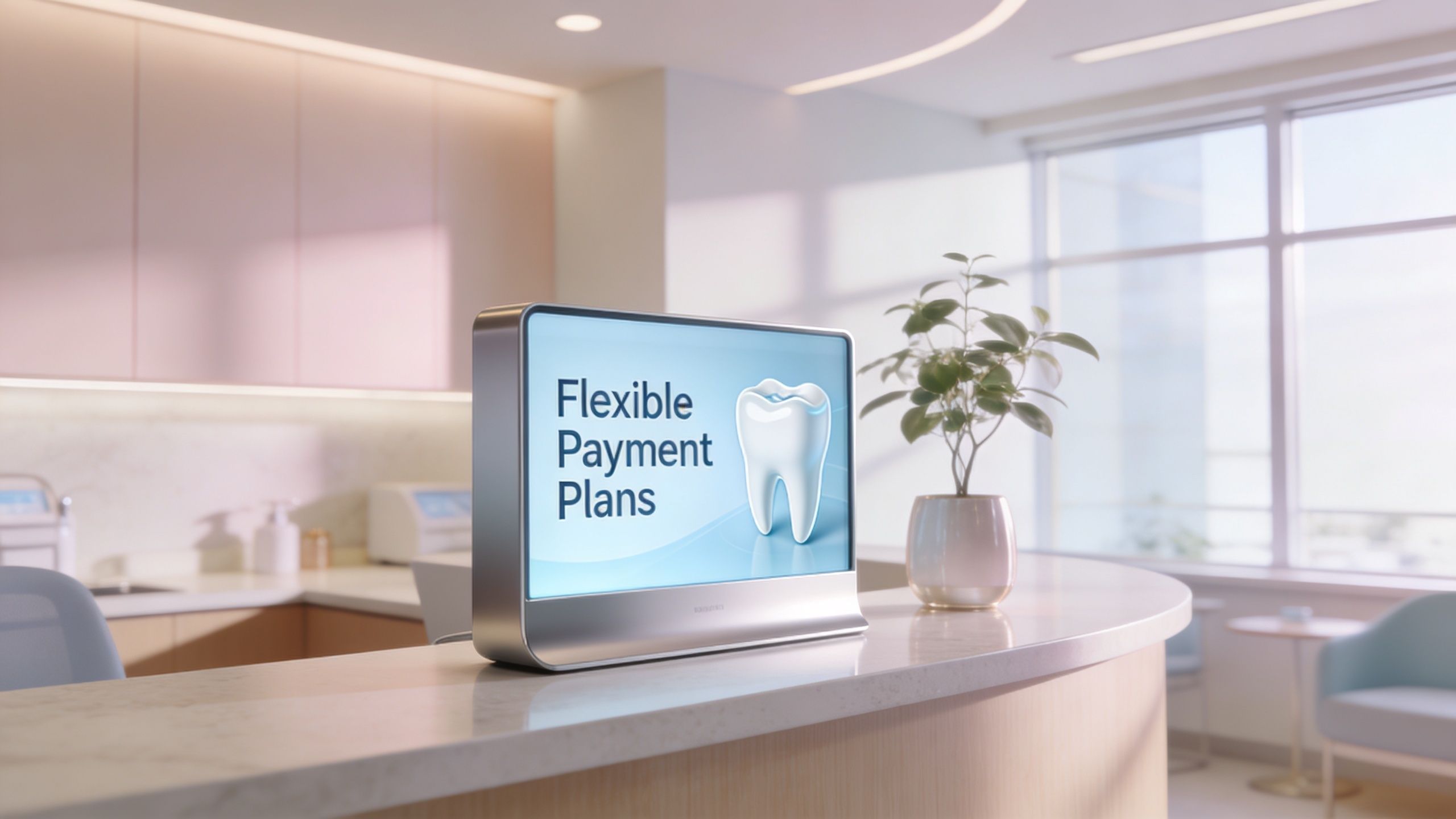 A digital screen on a reception desk advertising flexible payment plans for a professional dental office.