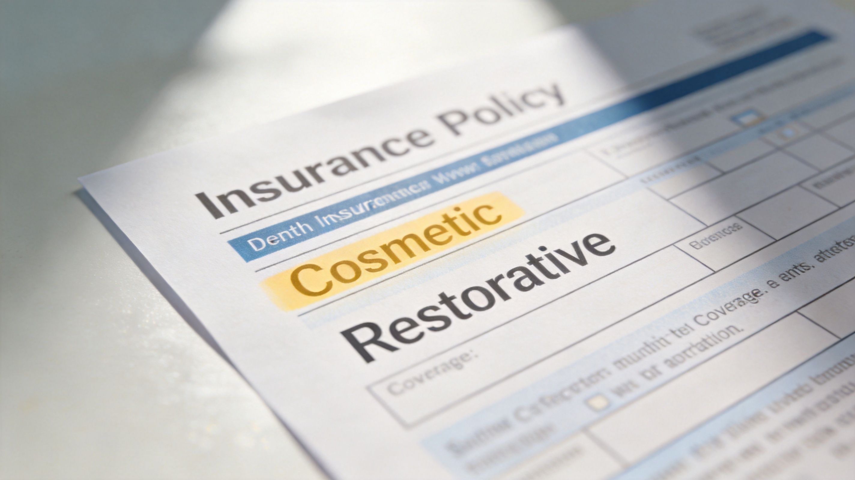 A close up view of an insurance policy document with cosmetic and restorative dentistry categories highlighted.