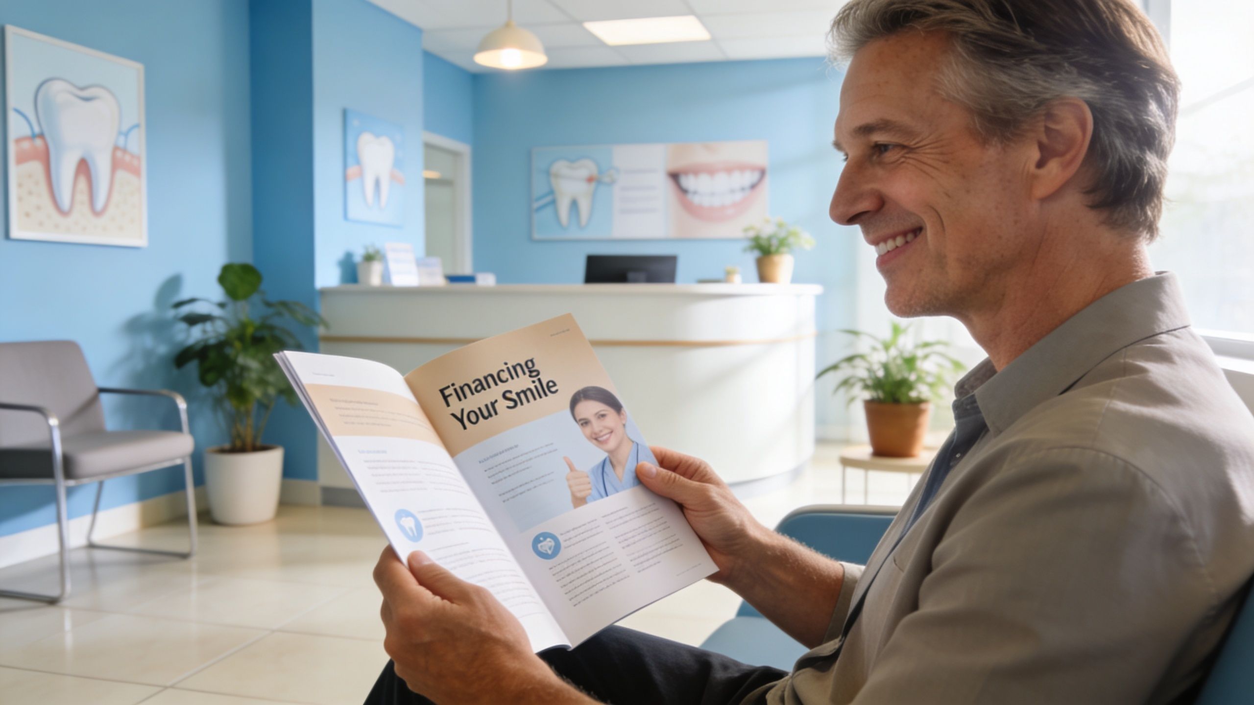 A smiling mature man sits in a dental office waiting area reading a brochure about financing dental implants.