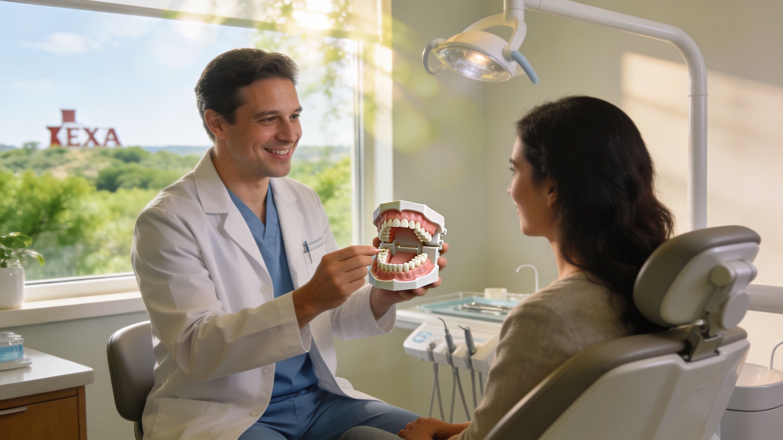 A friendly dentist explaining the all-on-4 dental implants procedure to a patient using a tooth model.