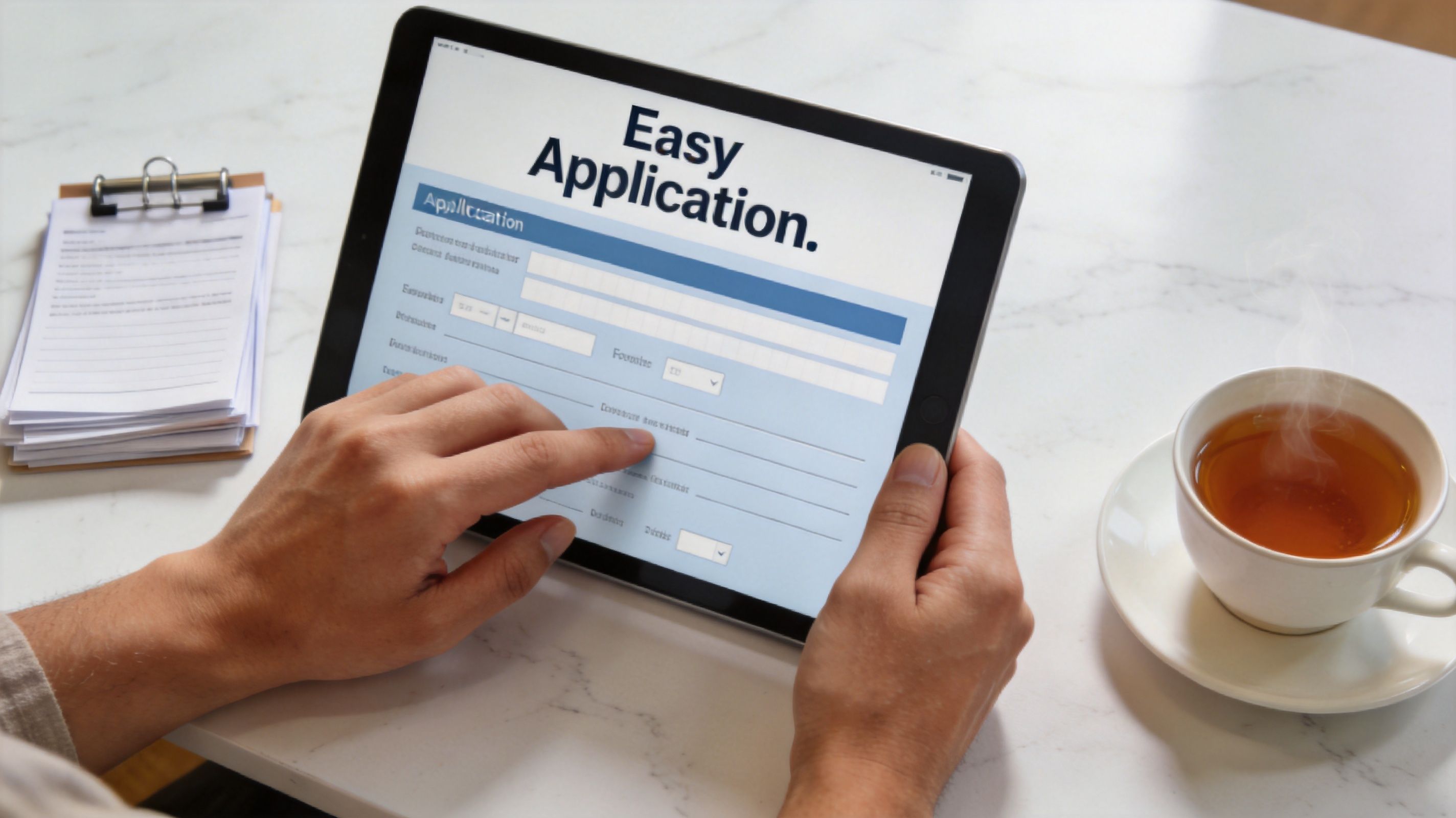 A person filling out an online financing application form on a tablet near coffee and paperwork.