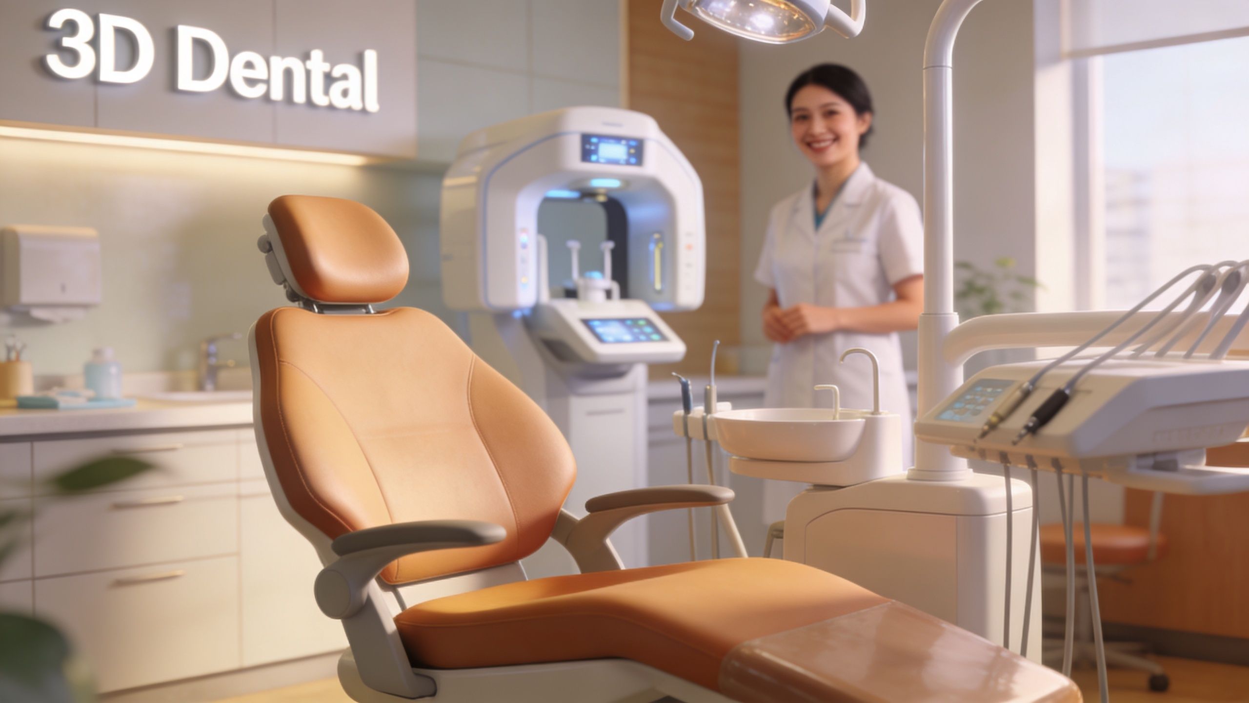 A professional and modern dental office featuring a comfortable treatment chair and advanced 3D imaging equipment.