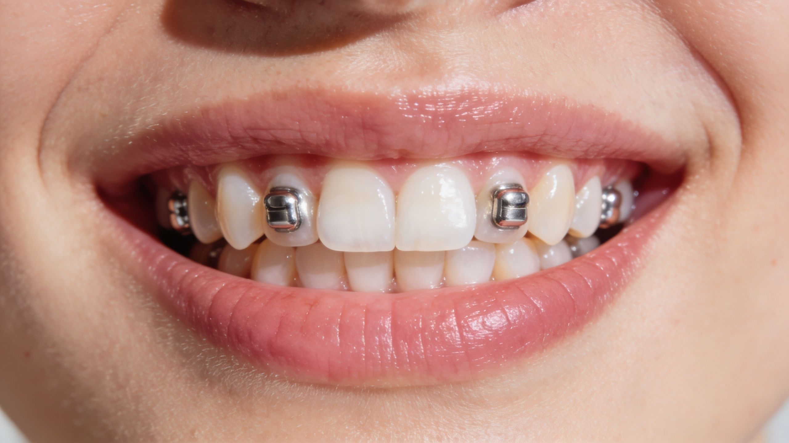 Close-up of a person's smiling mouth showing small metal dental attachments bonded to their teeth