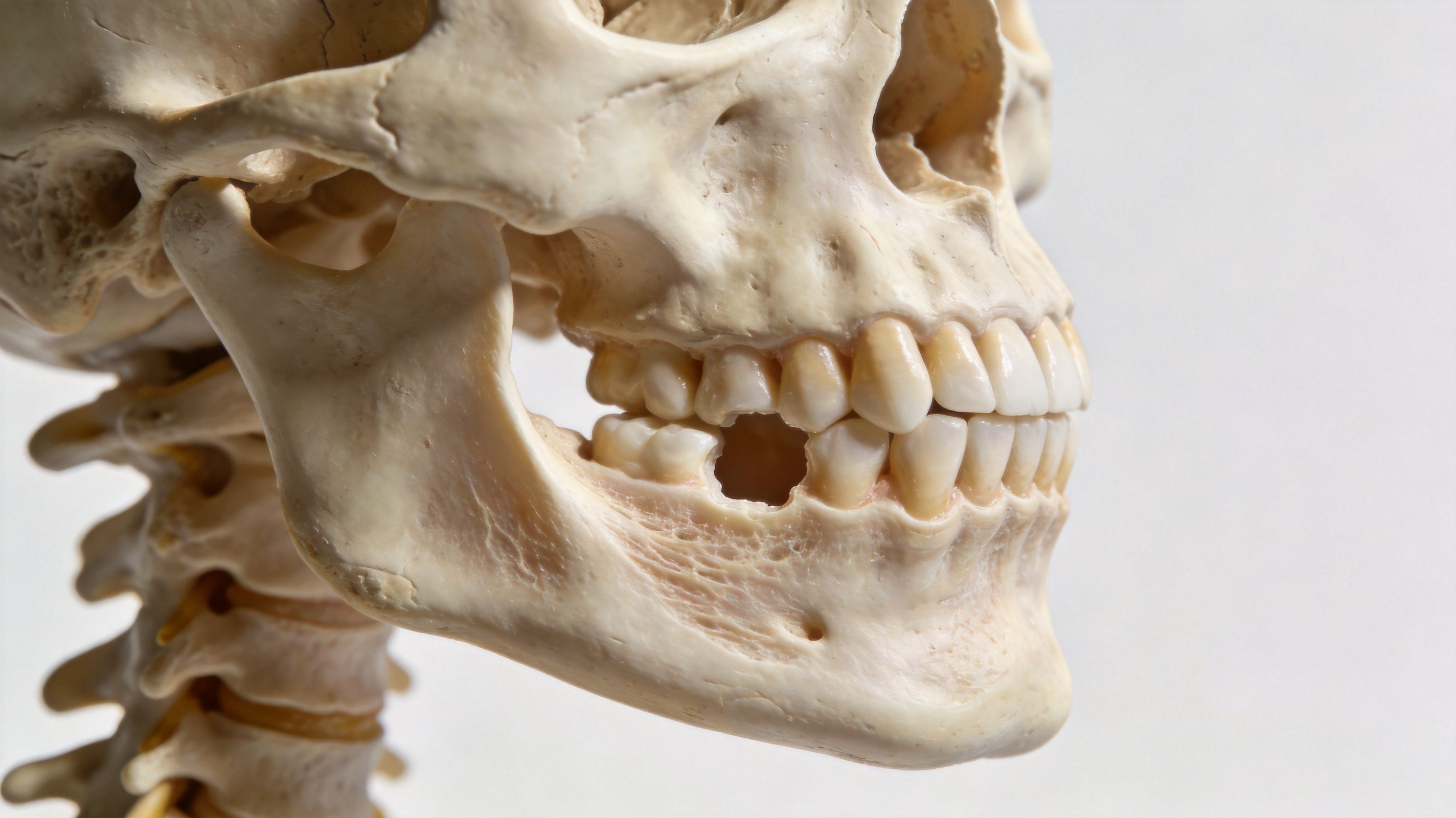 A close-up view of a human skull model showing a missing tooth in the lower jaw.