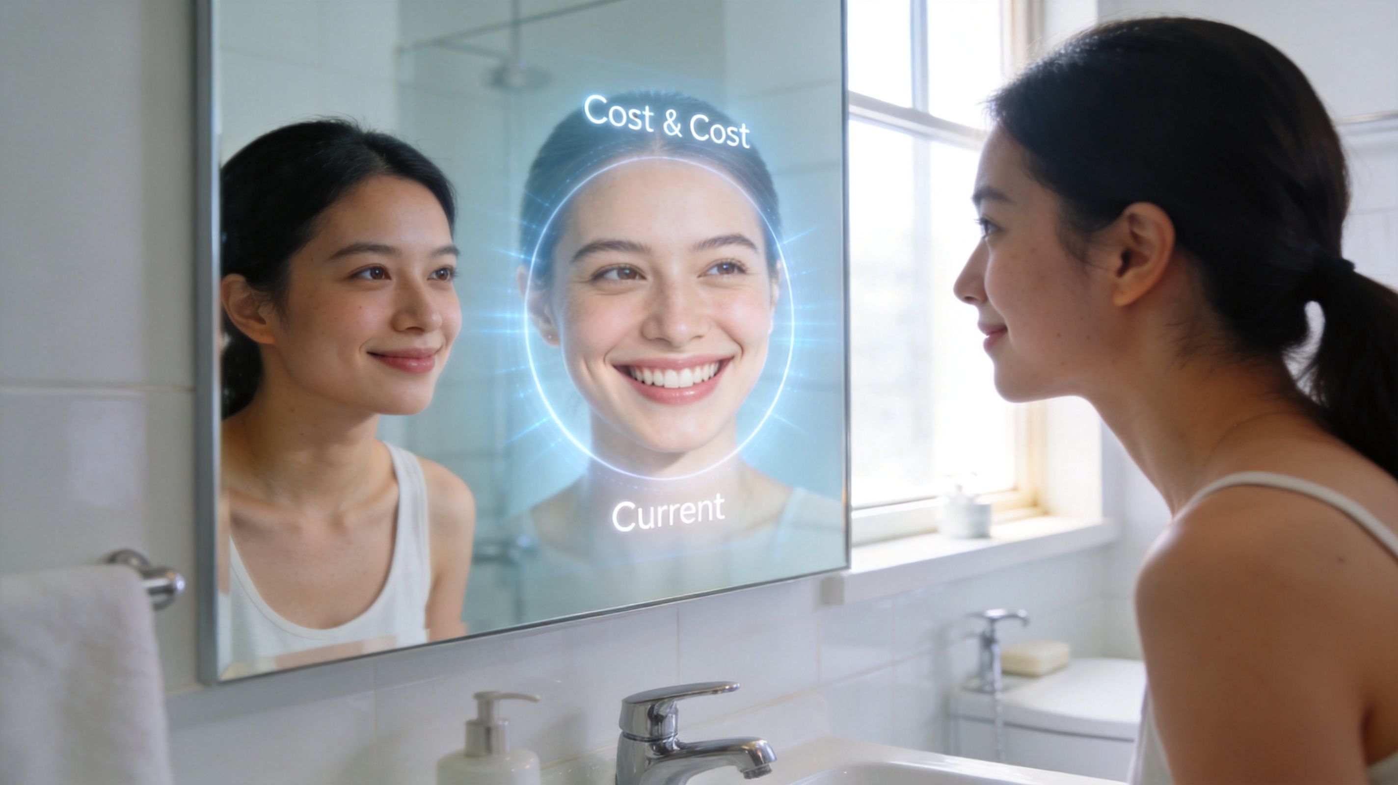 A woman looks at her reflection in a smart mirror displaying cosmetic dentistry financing options for her smile.