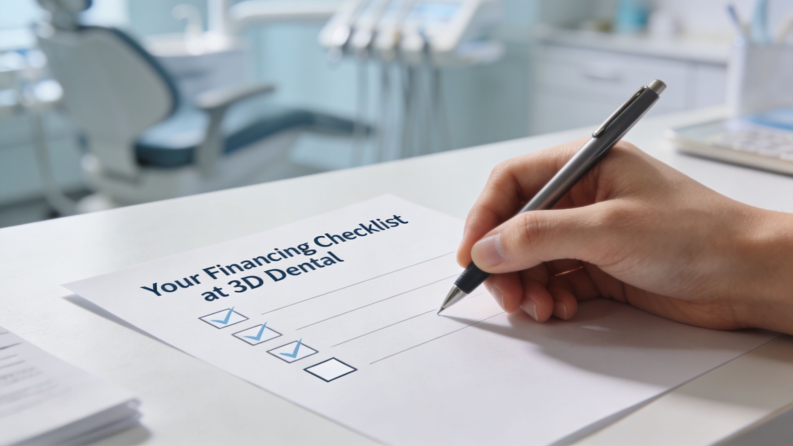A person holding a pen over a dental financing checklist document in a clinical office setting.