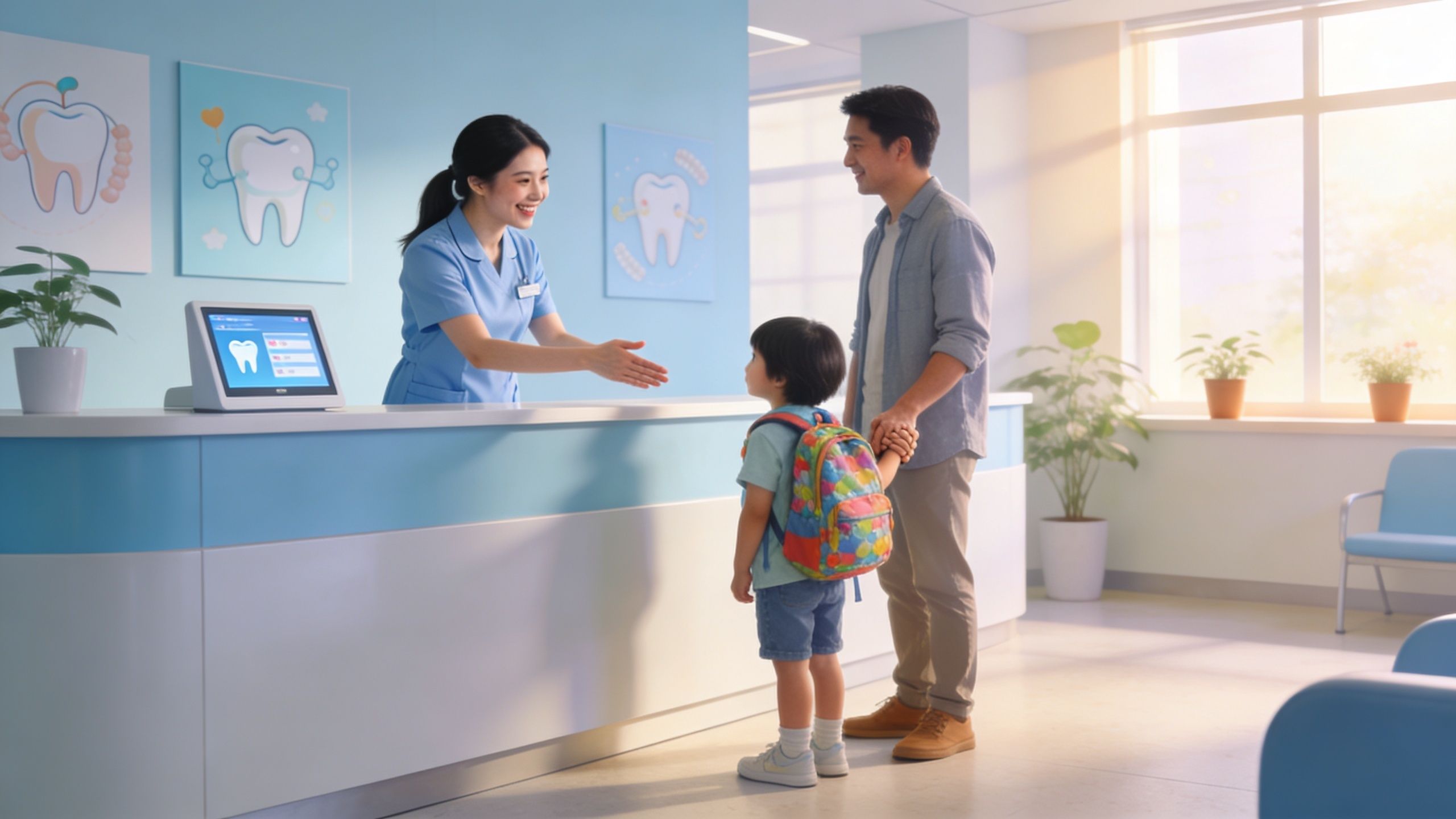 A friendly dental receptionist greets a young child with a backpack and his father at a clinic.