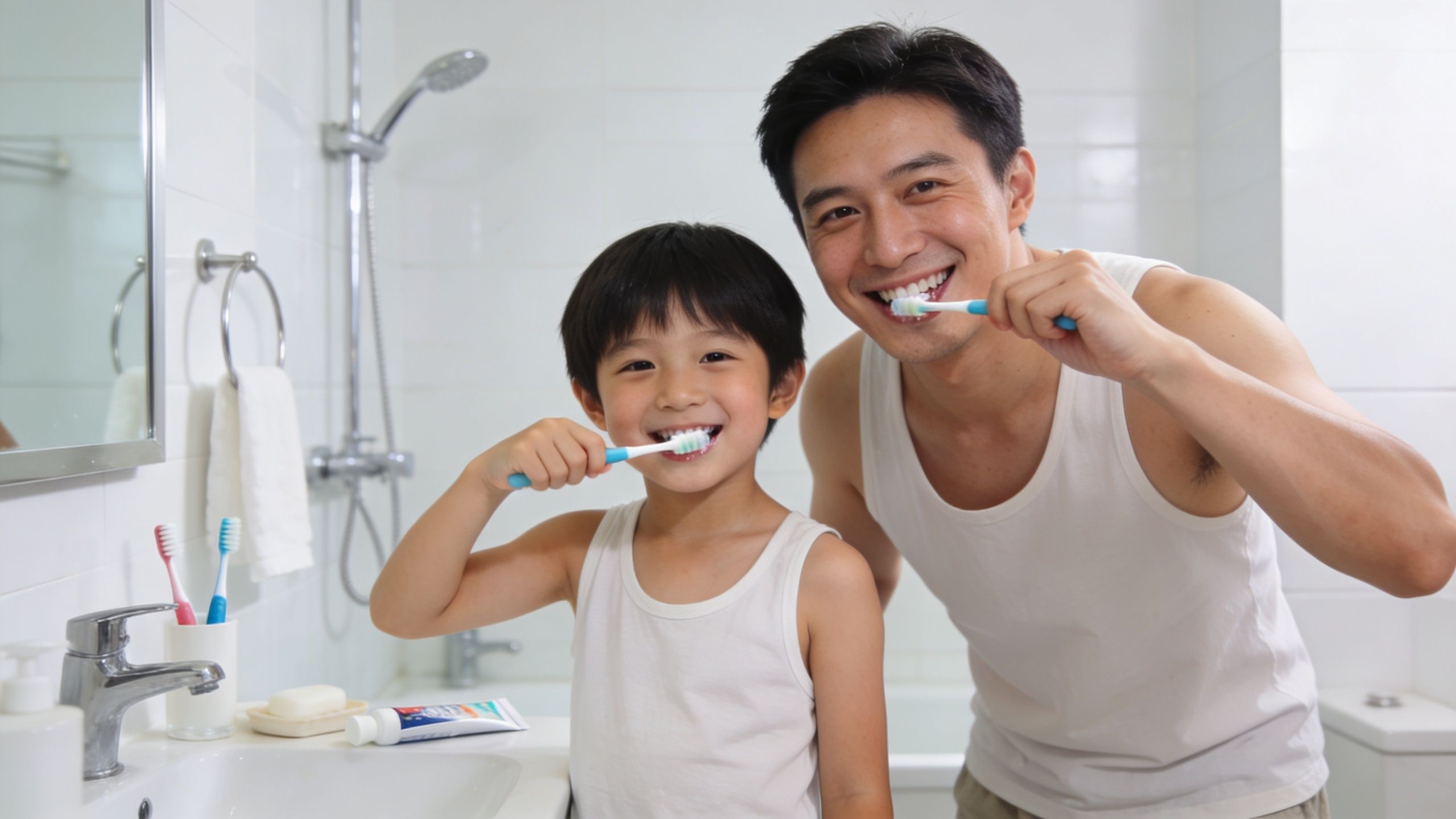 A happy father and son brushing their teeth together in a bright bathroom to maintain oral hygiene.