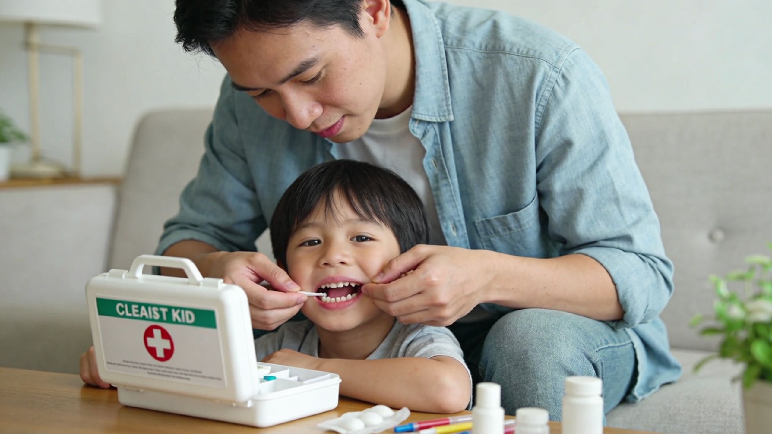 A father examines his young son's teeth at home using a first aid kit to demonstrate dental care.