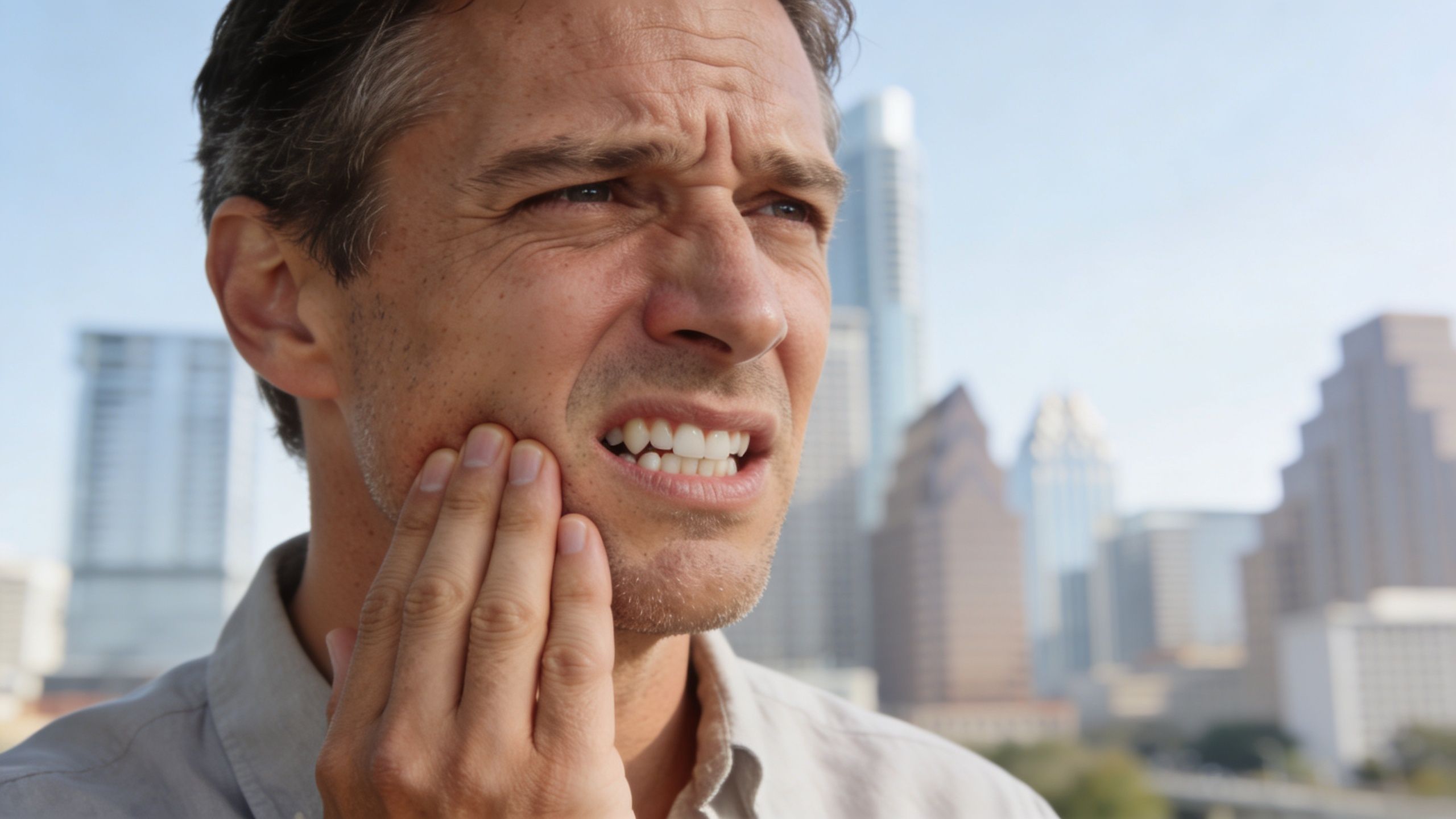A man grimacing in pain while holding his cheek, suggesting a severe toothache or dental issue.