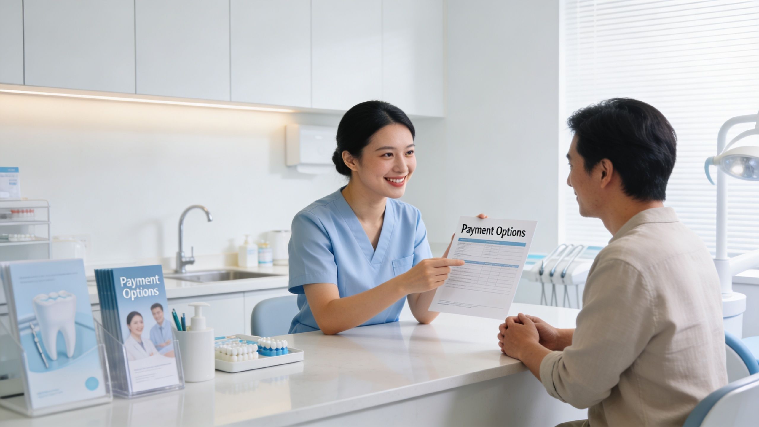 A friendly dental assistant explaining payment options to a patient in a modern dental office.