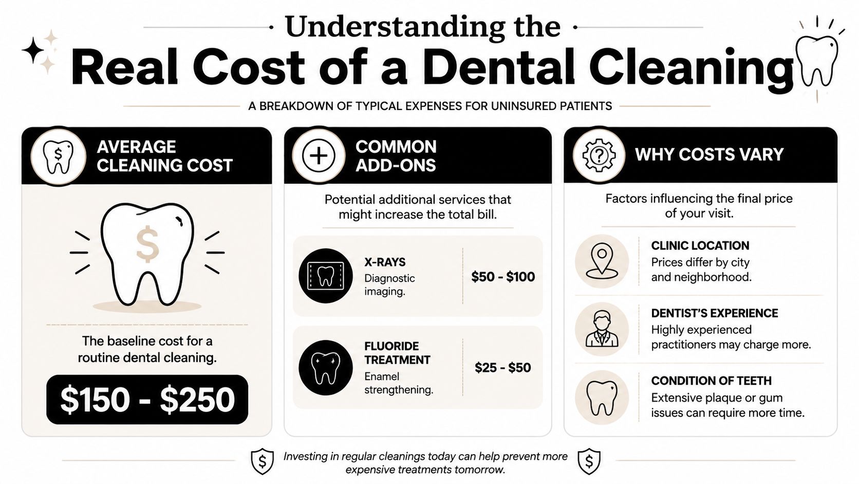 An infographic titled Understanding the Real Cost of a Dental Cleaning, showing price ranges for uninsured patients.