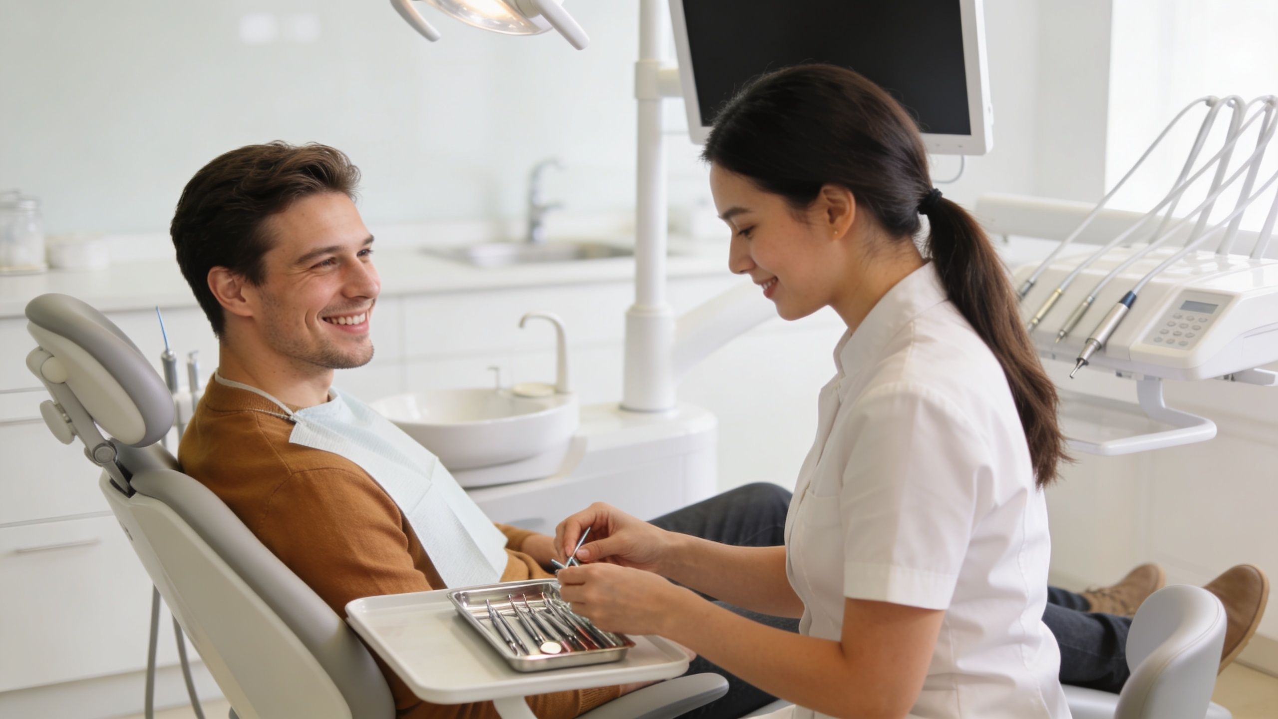 A smiling patient sits in a dental chair while a professional female dentist prepares her tools for treatment.