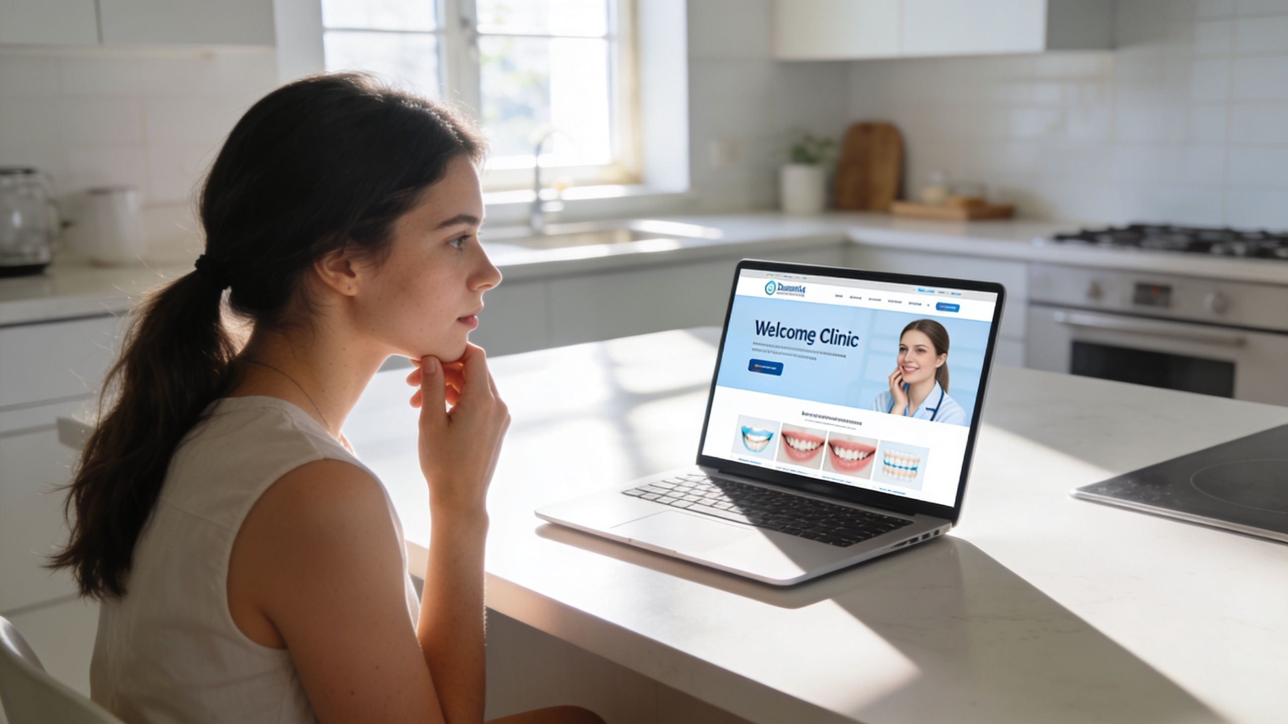 A woman sits at a kitchen counter using a laptop to view dental clinic website information.
