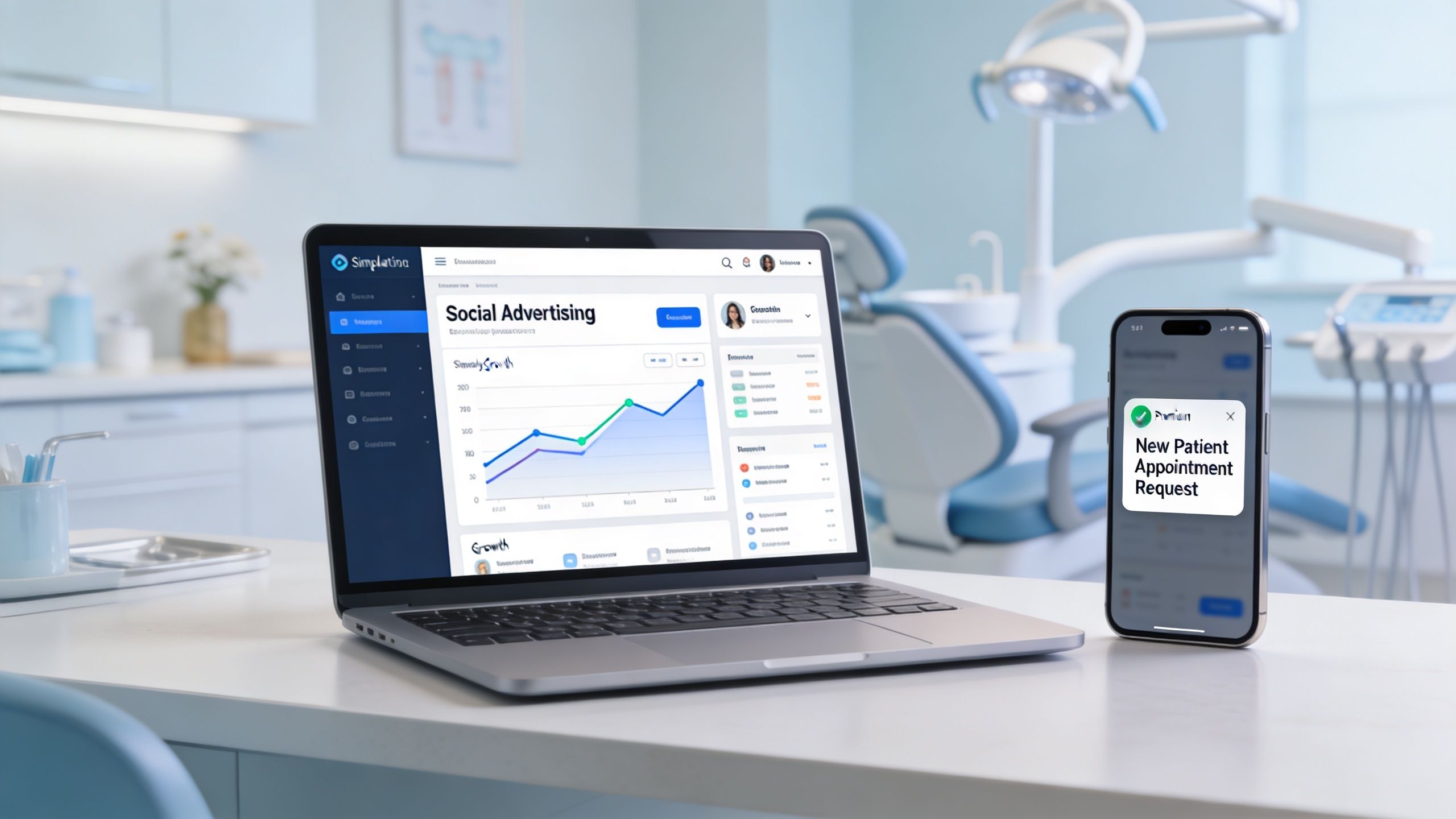 A modern dental office featuring a laptop displaying social media analytics and a phone showing appointment alerts.