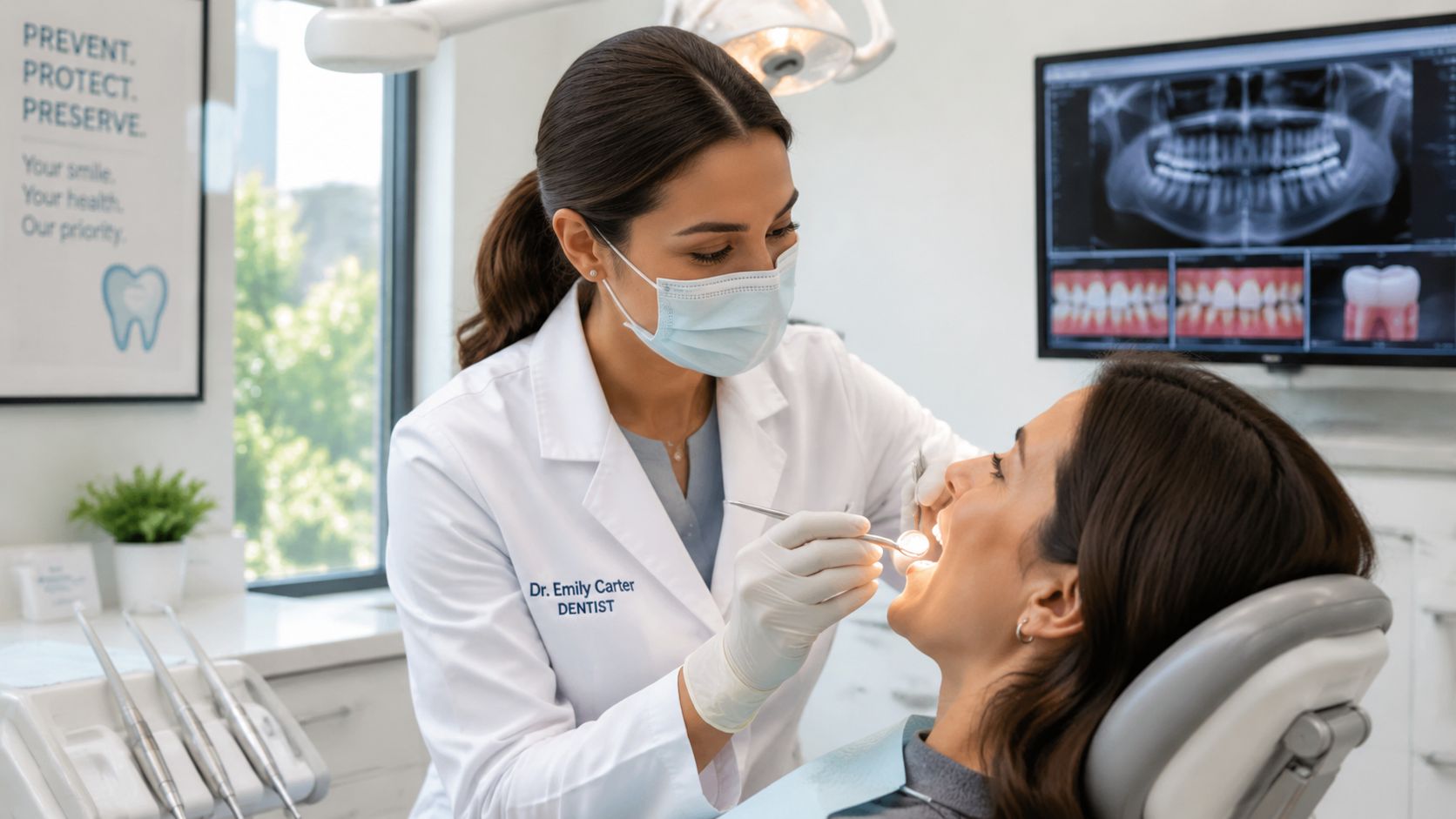 A female dentist in a white coat examines a patient during a routine dental cleaning appointment.