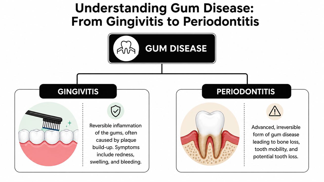 An infographic titled Understanding Gum Disease showing the progression from reversible gingivitis to advanced irreversible periodontitis.