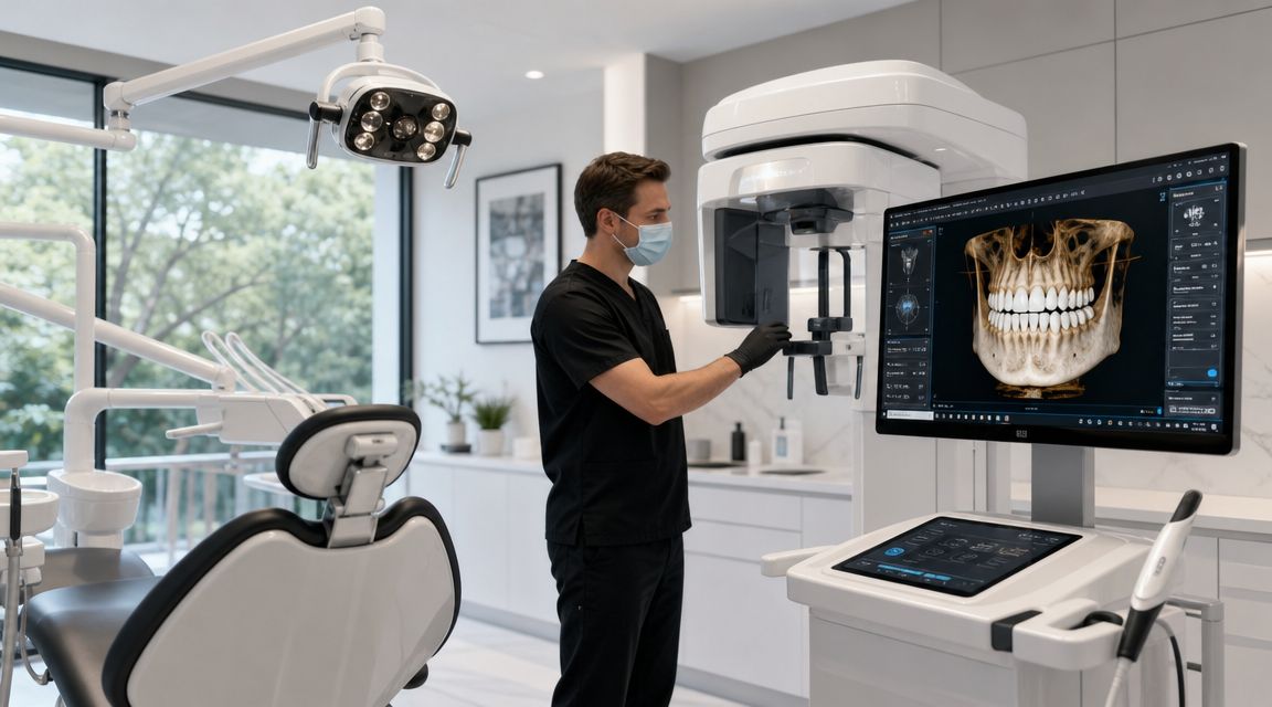 A dentist wearing a mask and gloves examining a 3D dental scan on a digital imaging system.