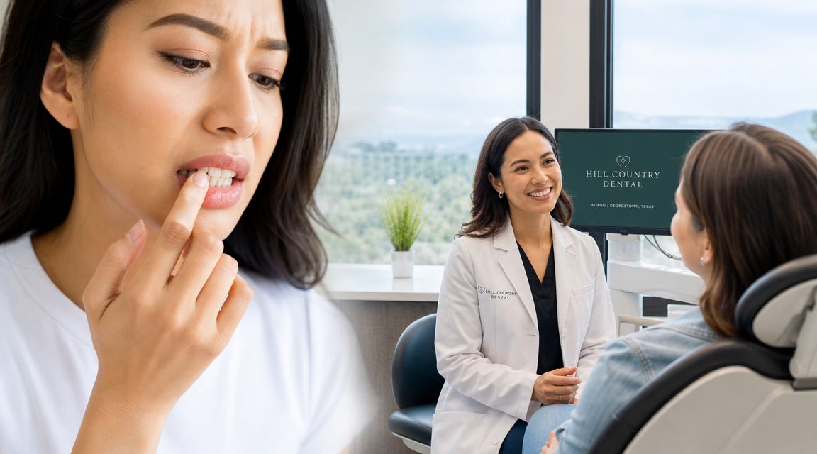 A woman checking her teeth in distress next to a dentist consulting with a patient in office.