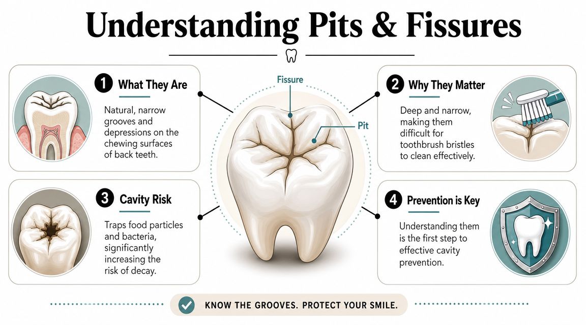 An educational infographic illustrating dental pits and fissures on a molar tooth and their cavity risks.