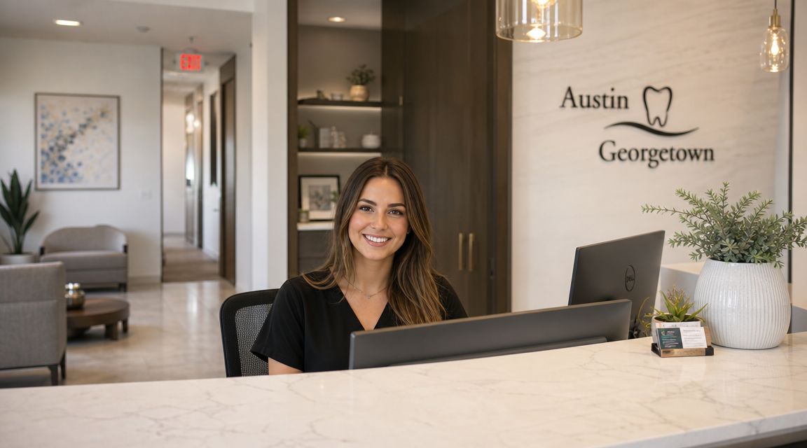 A friendly dental receptionist smiling behind a marble reception desk at a modern dental office in Austin Georgetown.
