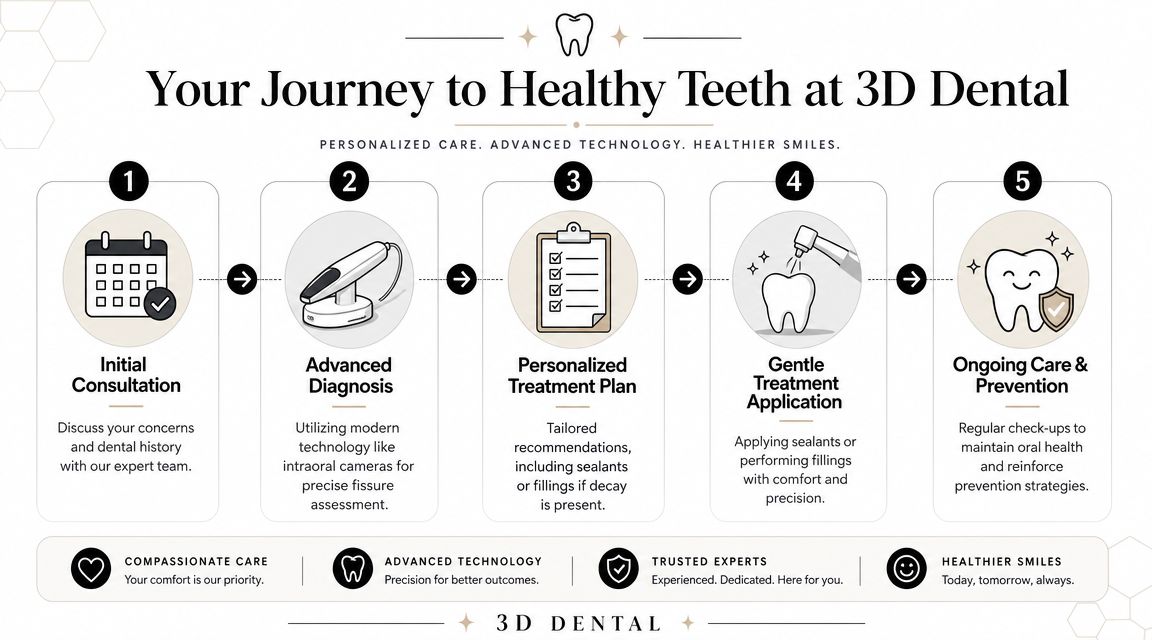 A five-step infographic showing the dental journey for pits and fissures treatment at 3D Dental.
