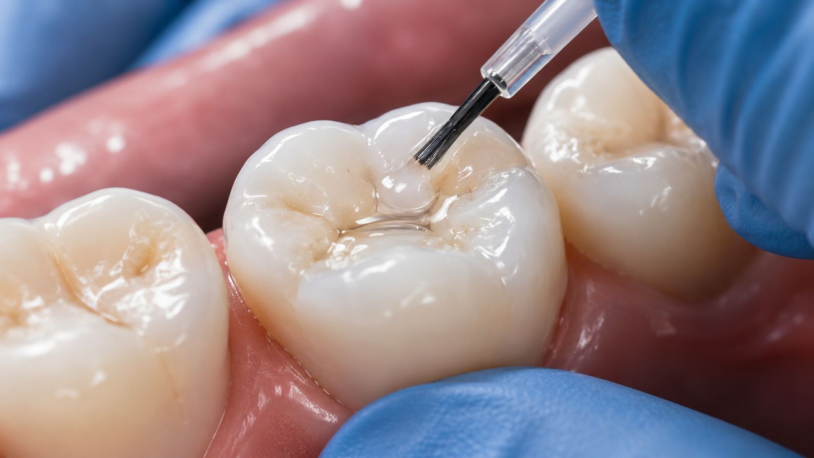 A dentist applying a dental sealant to the pits and fissures of a molar using a small brush.