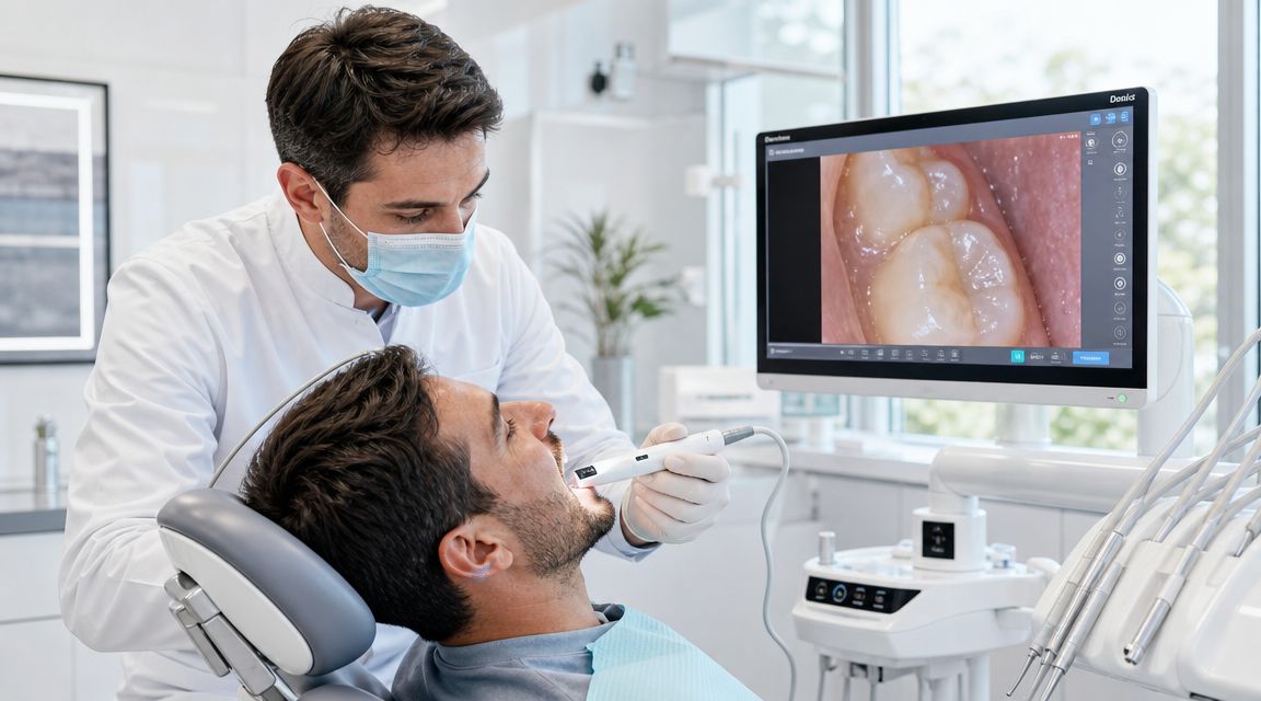 A dentist using an intraoral camera to examine a male patient's teeth during a dental checkup.