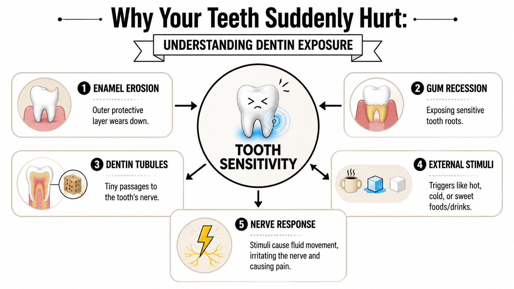An infographic showing the five main causes and biological process of tooth sensitivity and dentin exposure.