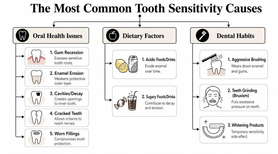 An infographic titled The Most Common Tooth Sensitivity Causes, organized by health issues, diet, and dental habits.