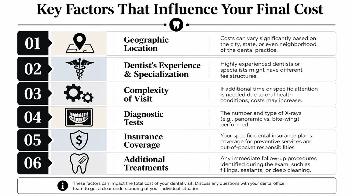 An infographic titled Key Factors That Influence Your Final Cost, explaining six elements affecting dental examination prices.