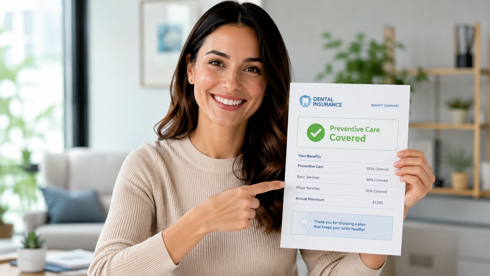 A smiling woman in a beige sweater holds a dental insurance benefit summary document in her home.